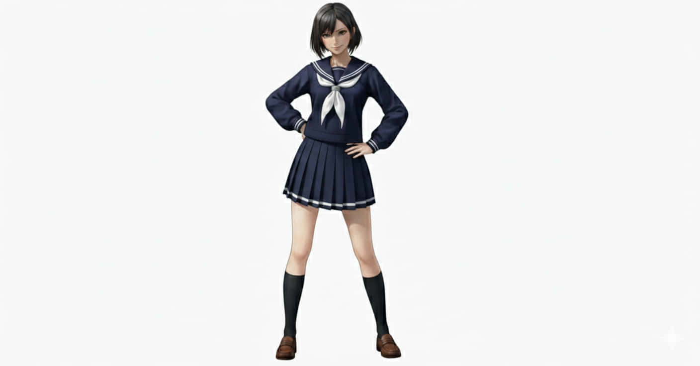 動漫 桌布 壁紙 — 一位穿著海軍藍色白邊水手服的年輕動漫女孩，自信地站在純白色背景前。