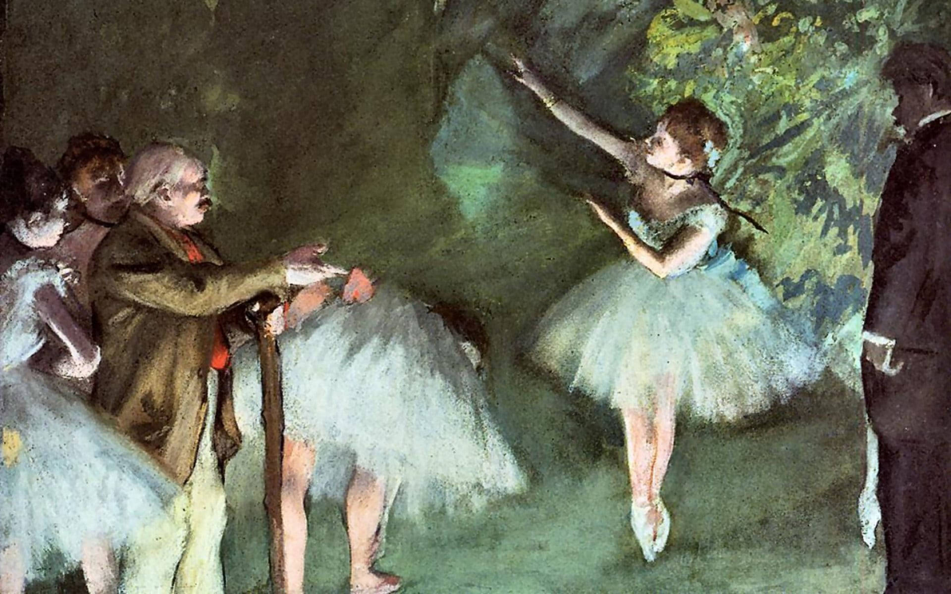 Degas 桌布 壁紙 — 一位穿著淡色芭蕾舞裙的芭蕾舞者優雅地跳躍，觀眾在印象派畫作中觀看。