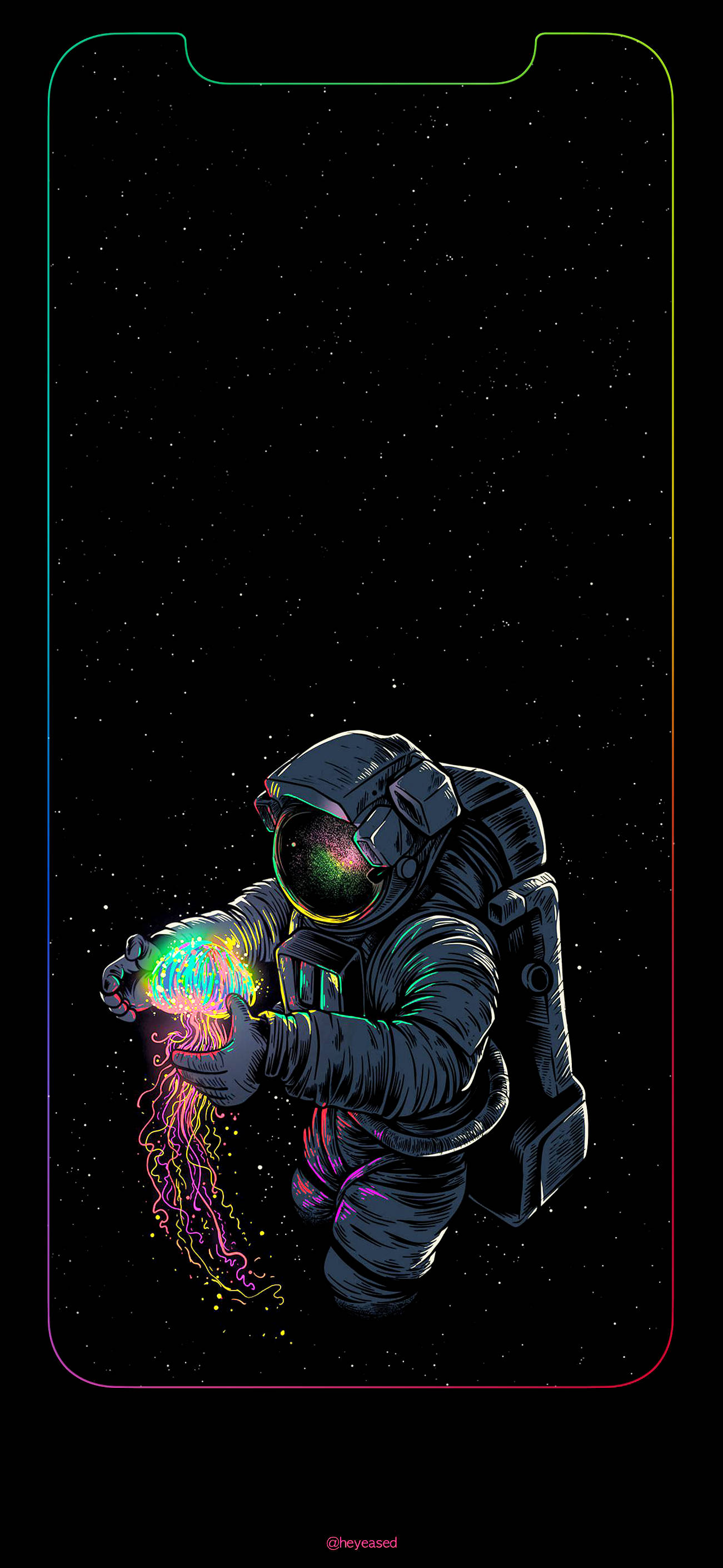 Spaceman 桌布 壁紙 — 一位穿著深色太空衣的太空人，在星空宇宙背景前手持發光霓虹水母，背景由手機邊框框起。