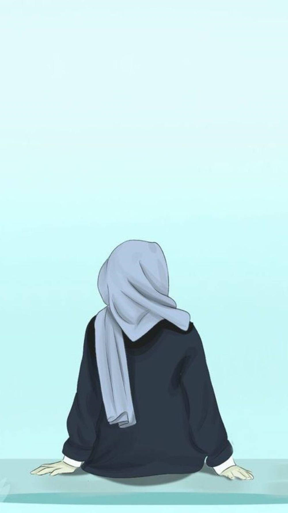 hijab cartoon 桌布 壁紙 — 一位穿著淺灰色頭巾的人背對著觀眾，坐在柔和的青色背景前。