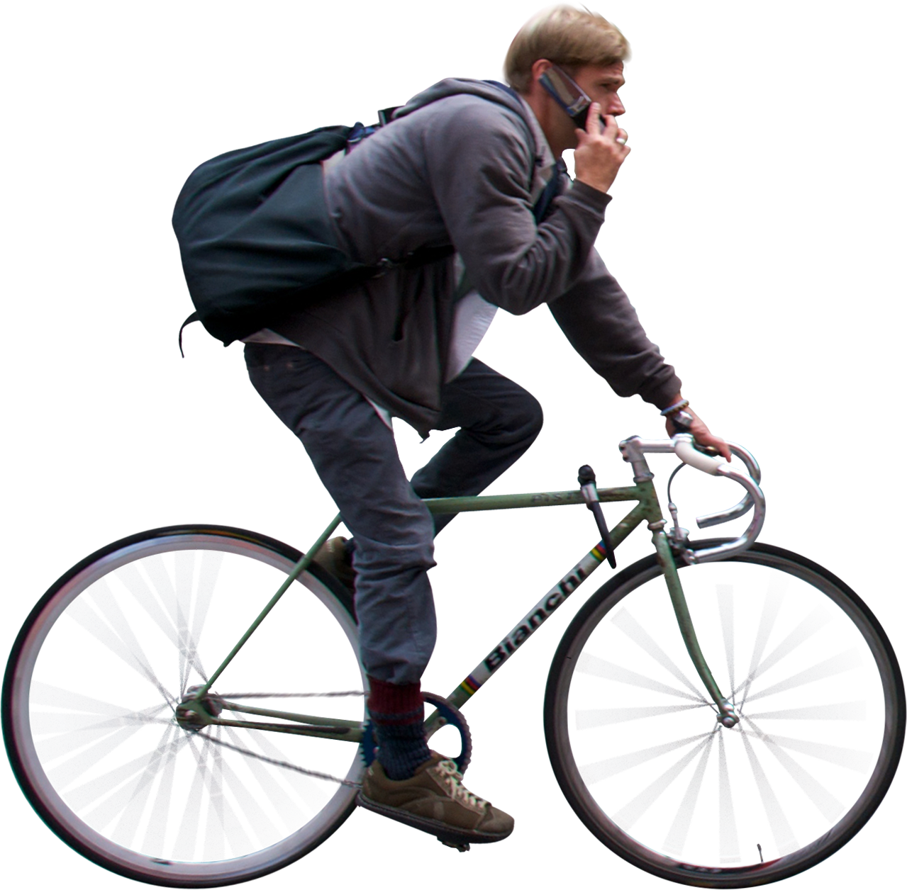 Ride 桌布 壁紙 — 一位穿著灰色連帽衫和背包的自行車騎士，騎著一輛綠色的Bianchi自行車，同時在帶有故障數位扭曲效果的情況下講電話。