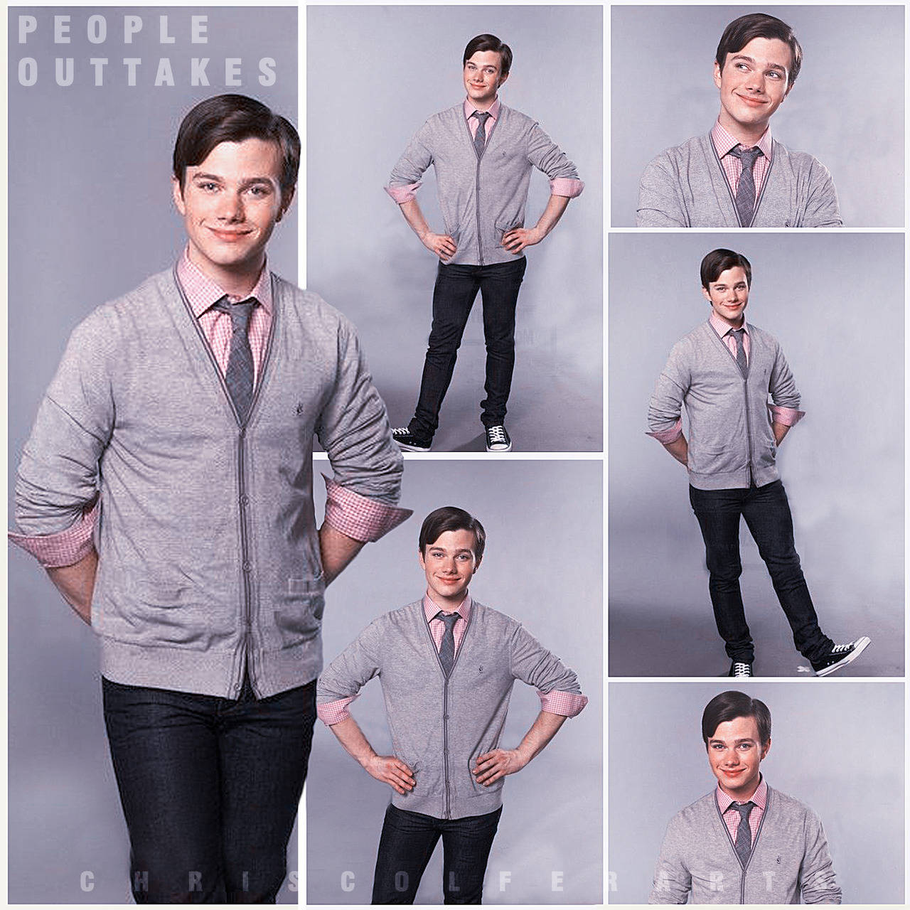 Chris Colfer 桌布 壁紙 — 一位穿著灰色開襟衫和粉紅色襯衫的年輕男子在純灰色背景前自信地擺出多個攝影棚姿勢。