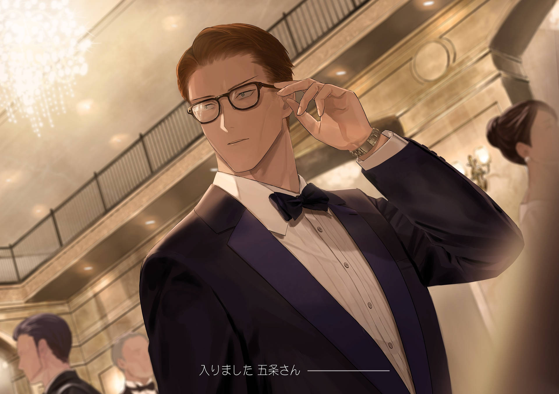 動漫男子穿著燕尾服在優雅的宴會廳中調整眼鏡，廳內有吊燈。 — 咒術迴戰 4K GIF 壁紙