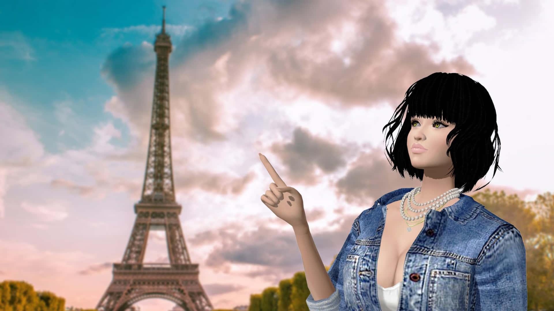 Eiffel Tower 桌布 壁紙 — 一位穿著牛仔外套的時尚女性，在柔和粉藍色天空和 fluffy 雲朵下指向艾菲爾鐵塔。