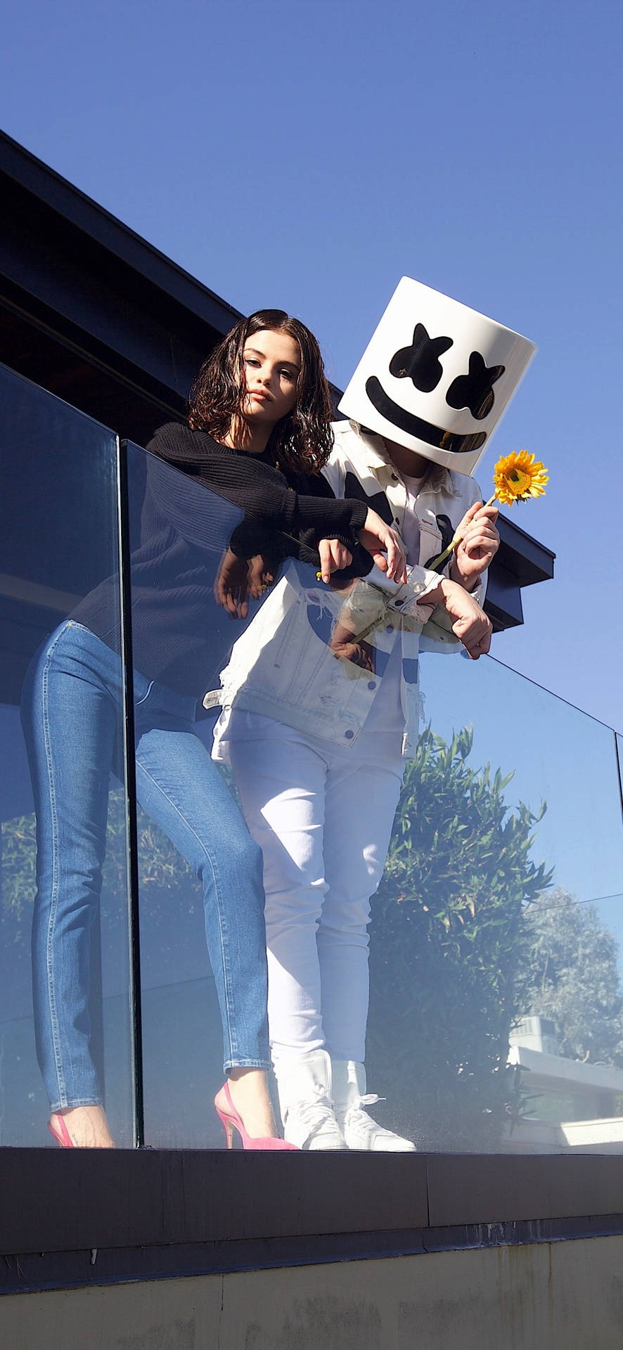 女性和棉花糖頭盔人物在玻璃陽台上拿著向日葵 — Marshmello 動態圖 壁紙