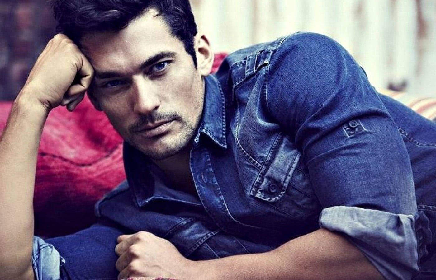 Denim 桌布 壁紙 — 一位穿著牛仔襯衫的英俊男子，在紅色軟墊背景上用手托腮沉思。