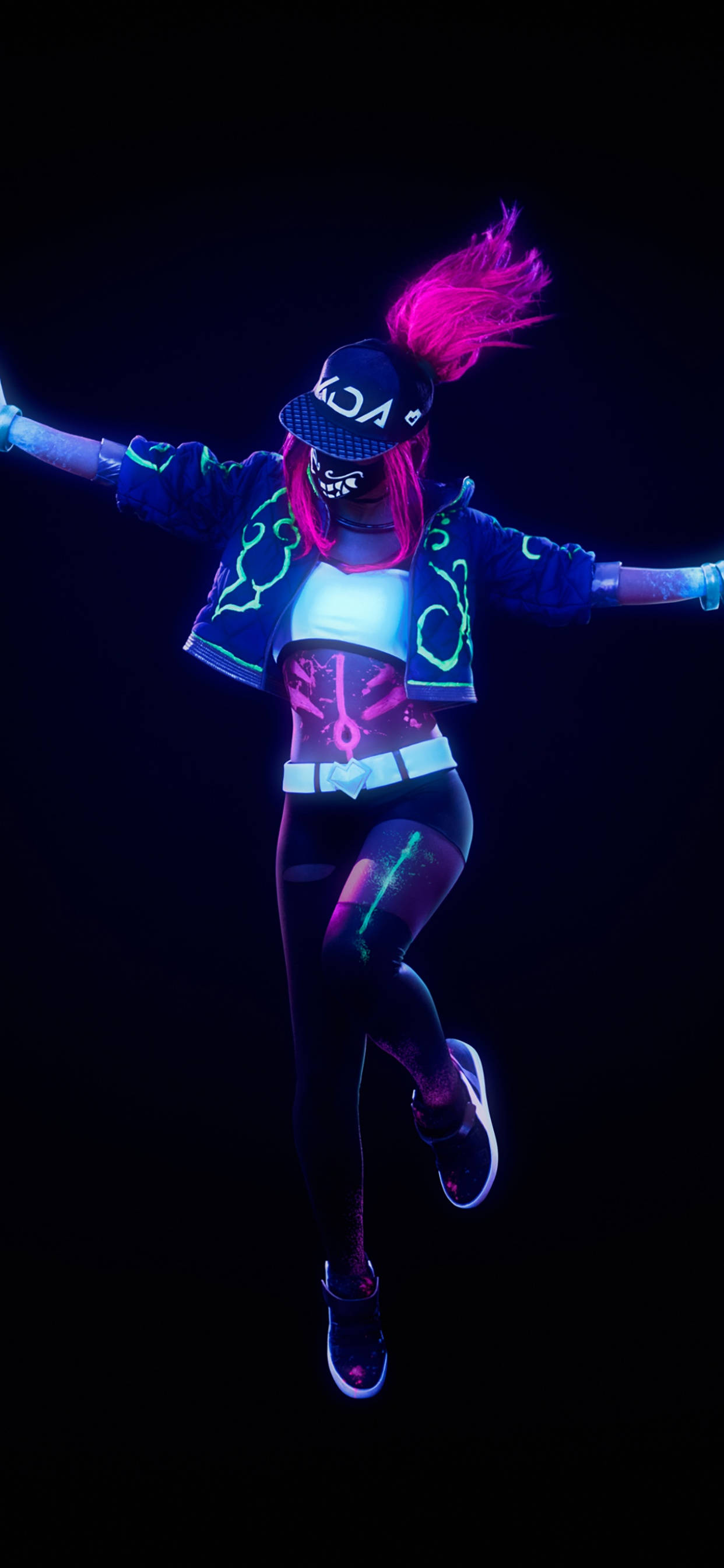 dark neon iPhone 桌布 壁紙 — 一位穿著發光霓虹服裝的舞者在黑色背景前騰空躍起，擁有充滿活力的粉紅色頭髮和發光配飾。