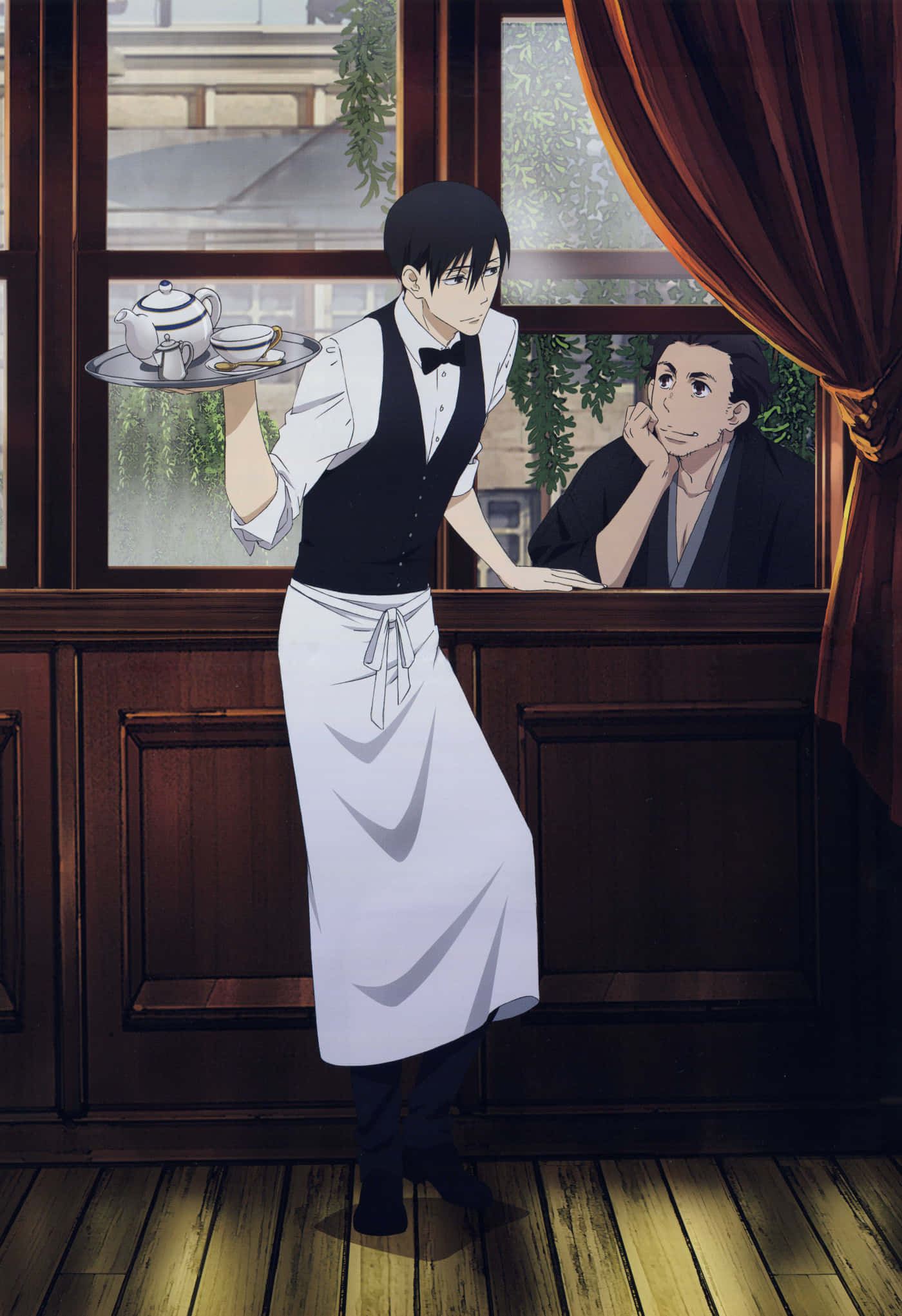 shouwa genroku rakugo shinjuu 桌布 壁紙 — 一位穿著白色圍裙和黑色背心的服務生端著茶托盤，而顧客則在溫暖燈光的木質咖啡館裡凝視窗外。