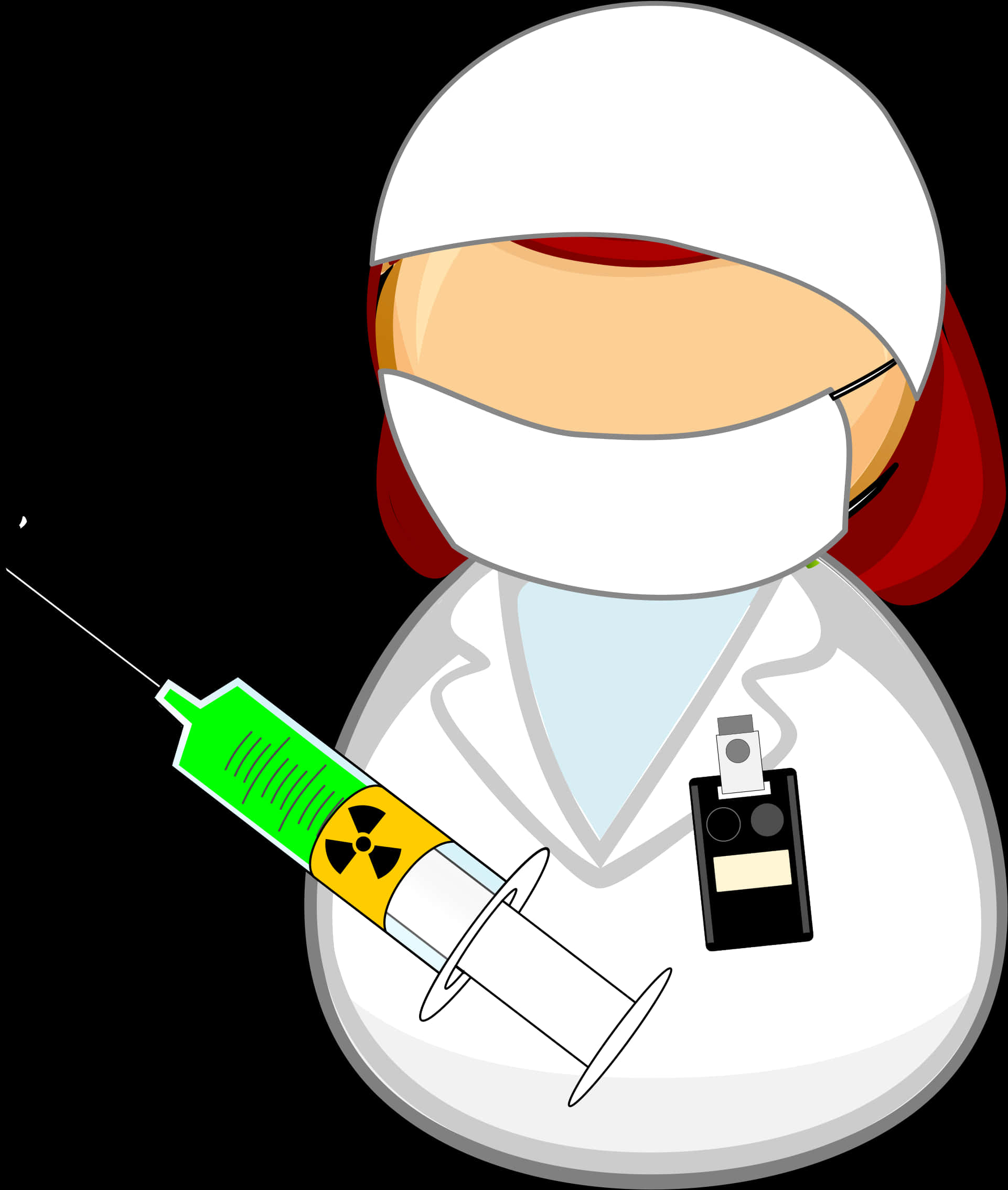 Hospital 桌布 壁紙 — 一位穿著白色實驗袍和口罩的卡通科學家，手持一支裝有綠色液體並標有輻射符號的注射器。