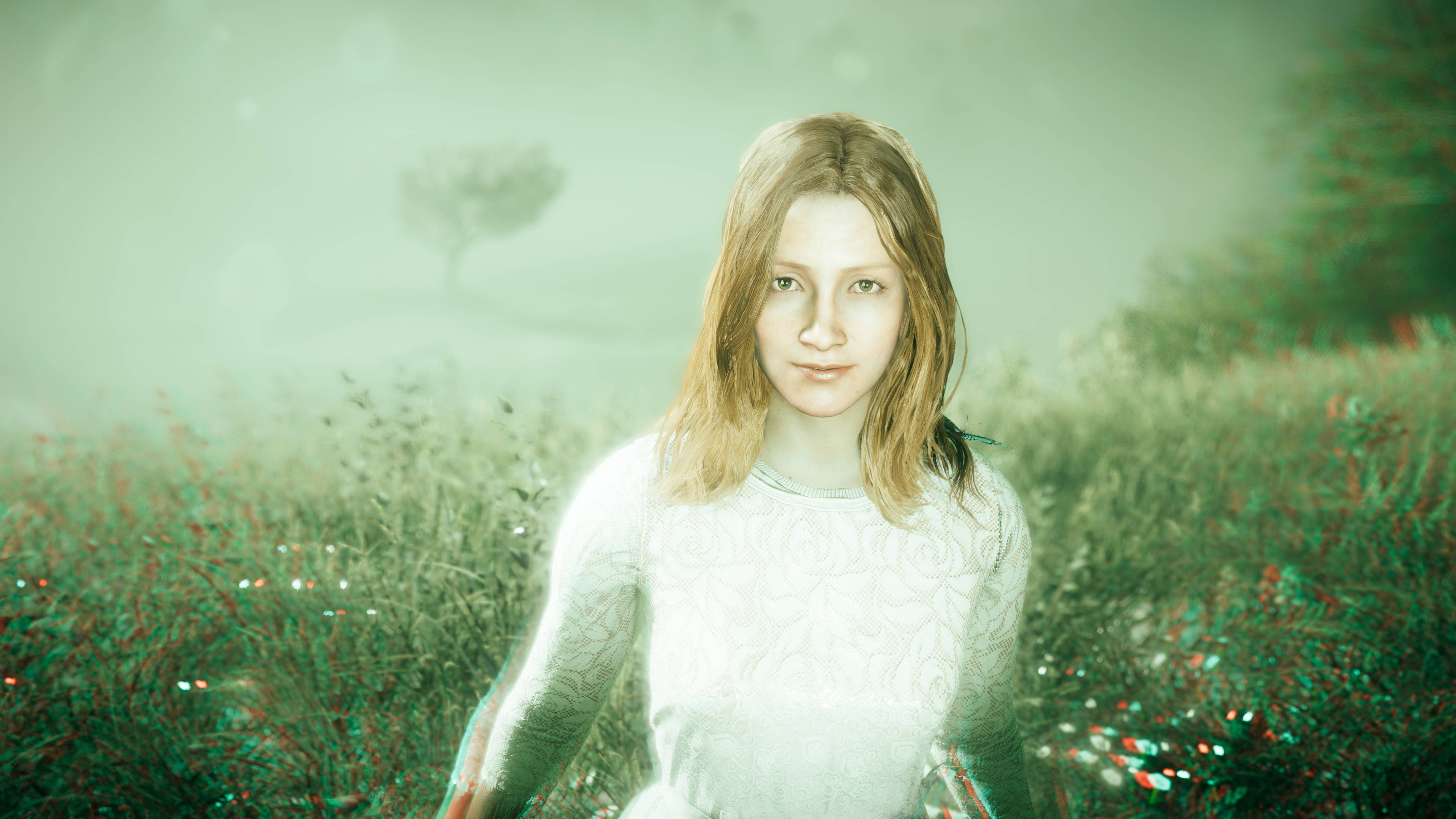 Far Cry 5 桌布 壁紙 — 一位穿著白色毛衣的年輕女子站在霧氣瀰漫的田野中，背景有發光的紅花和一棵孤樹。