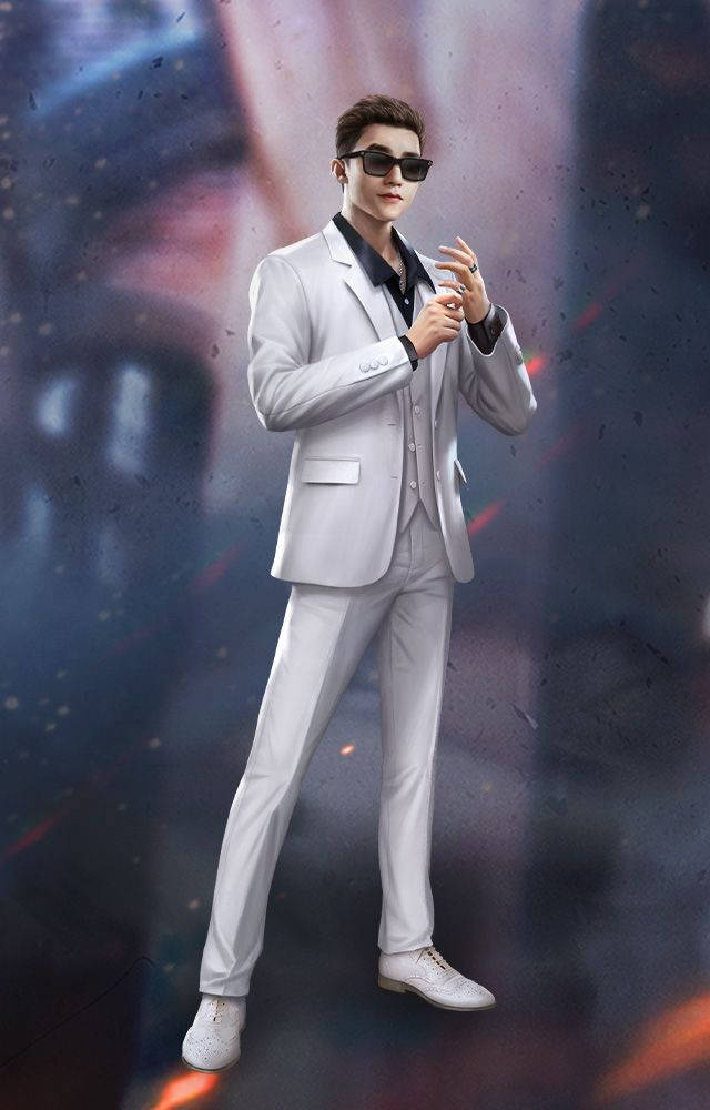 game 桌布 壁紙 — 一位穿著白色西裝和太陽眼鏡的時尚男士，自信地站在帶有發光粒子的宇宙星雲背景前。
