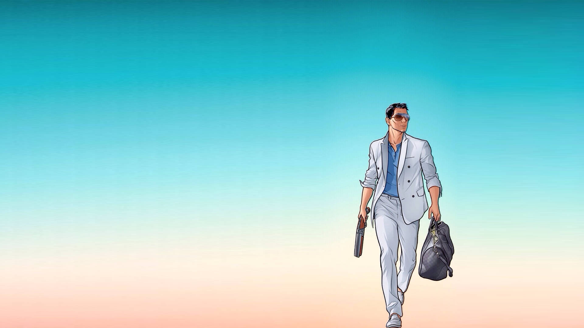 archer 桌布 壁紙 — 一位穿著白色西裝的時尚男士，自信地走過漸變天空，手提公事包和袋子。