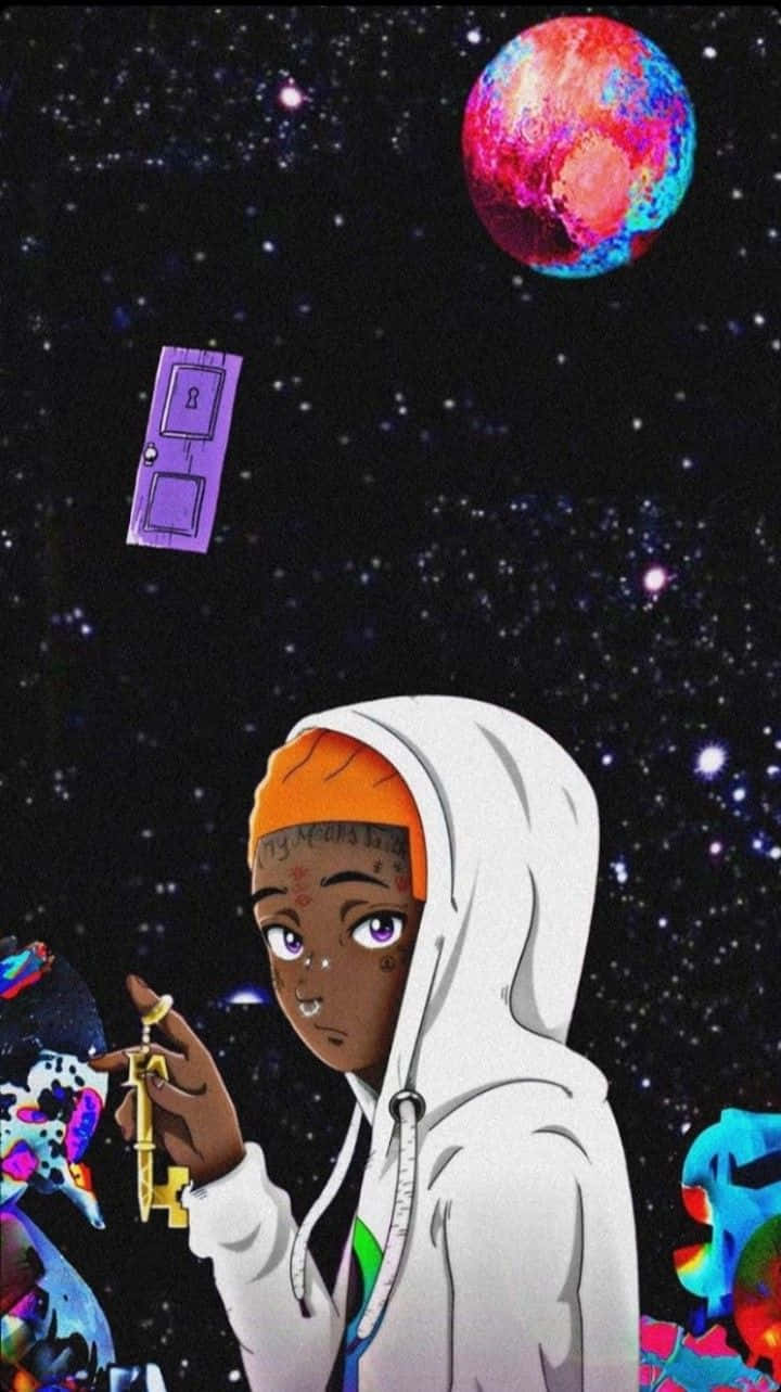 Lil Uzi Cartoon 桌布 壁紙 — 一位穿著白色連帽衫的年輕人，在星光燦爛的宇宙背景下，手持一把金色鑰匙，旁邊有一顆發光的行星和一扇漂浮的門。