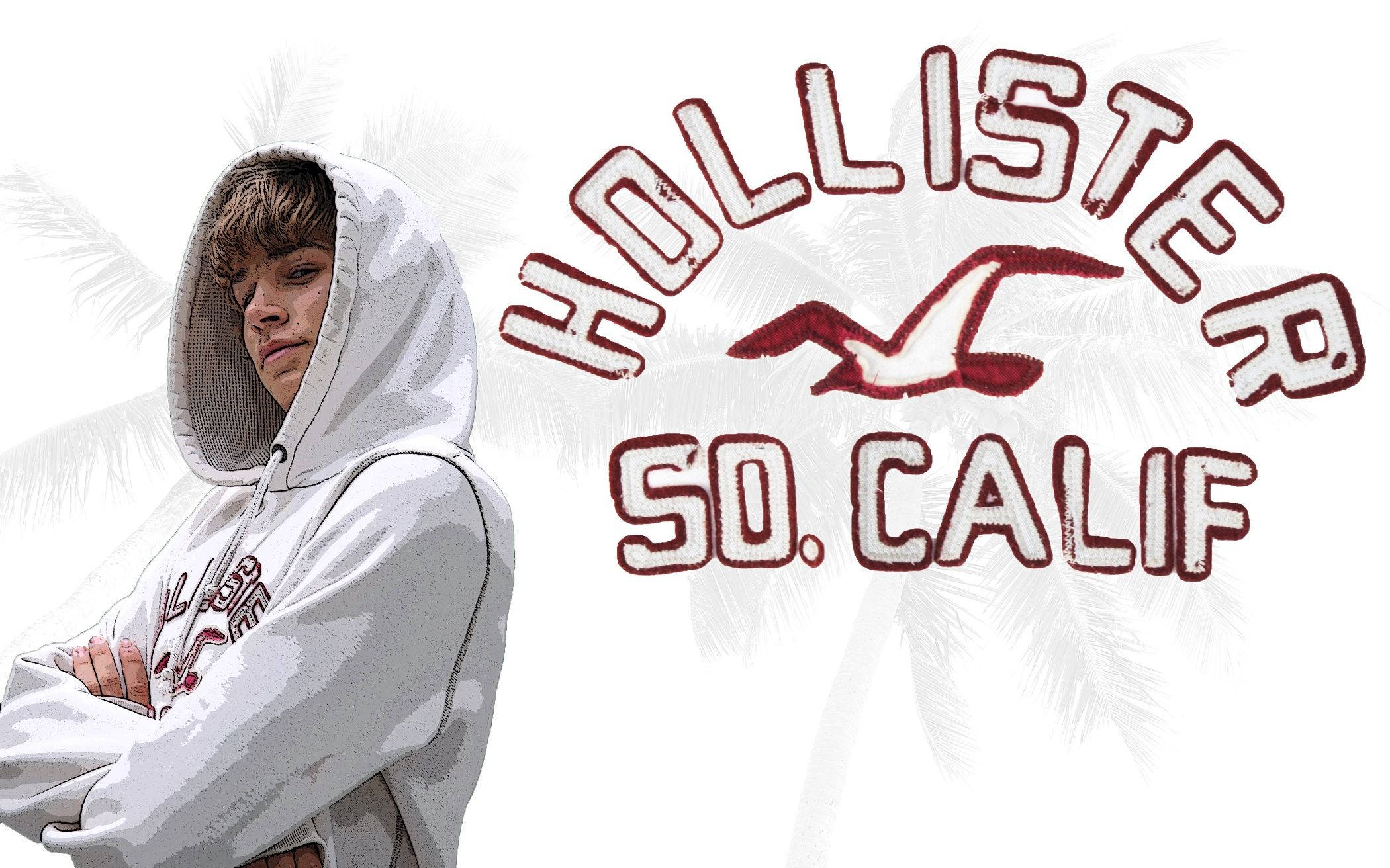 Hollister 桌布 壁紙 — 一位穿著白色連帽衫的年輕人自信地交叉雙臂，背景是Hollister標誌和棕櫚葉。