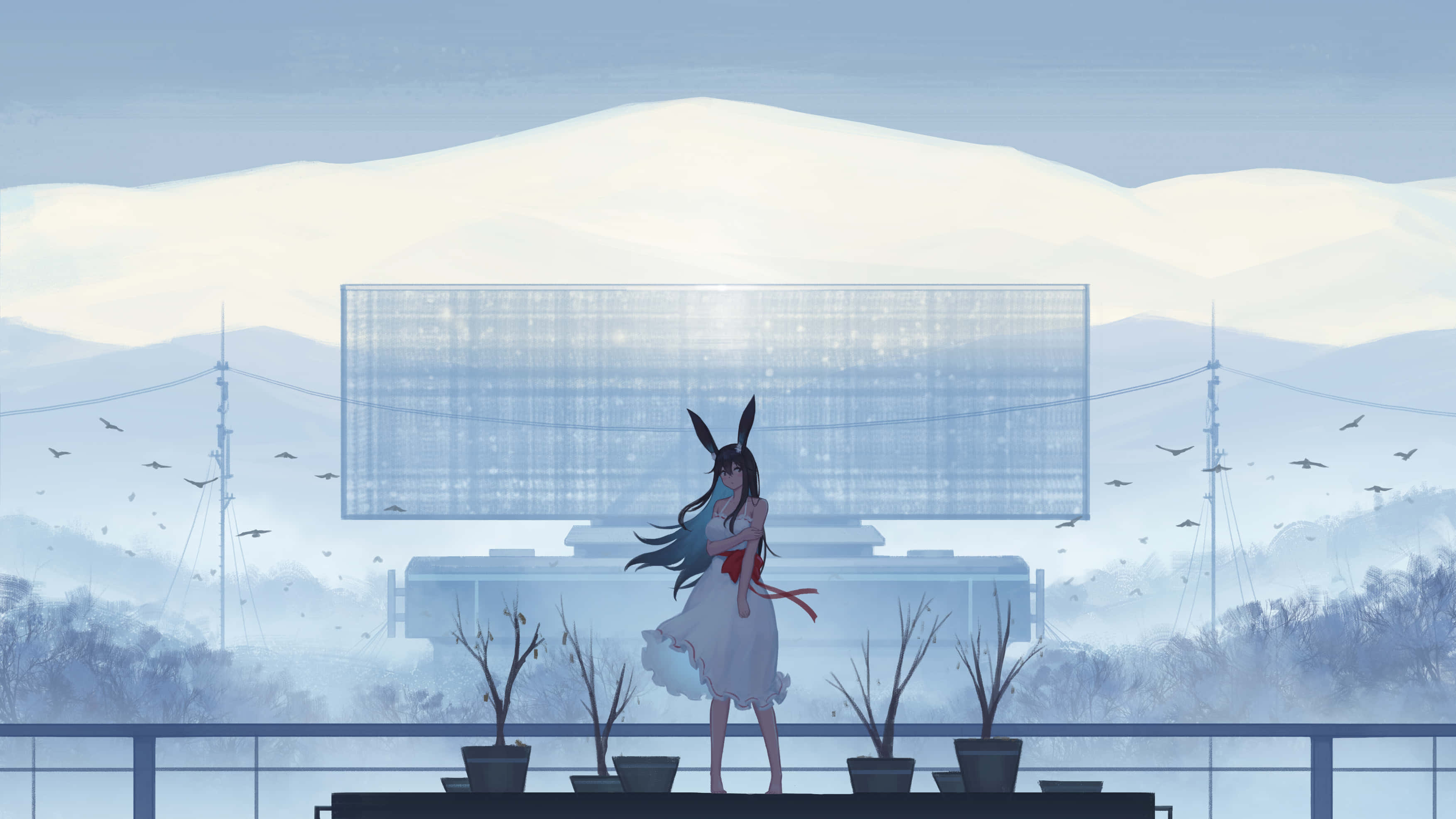 Anime White 桌布 壁紙 — 一位穿著白色連衣裙的兔耳動漫女孩站在陽台上，俯瞰著雪山和一個發光的廣告牌，周圍有鳥兒飛翔。
