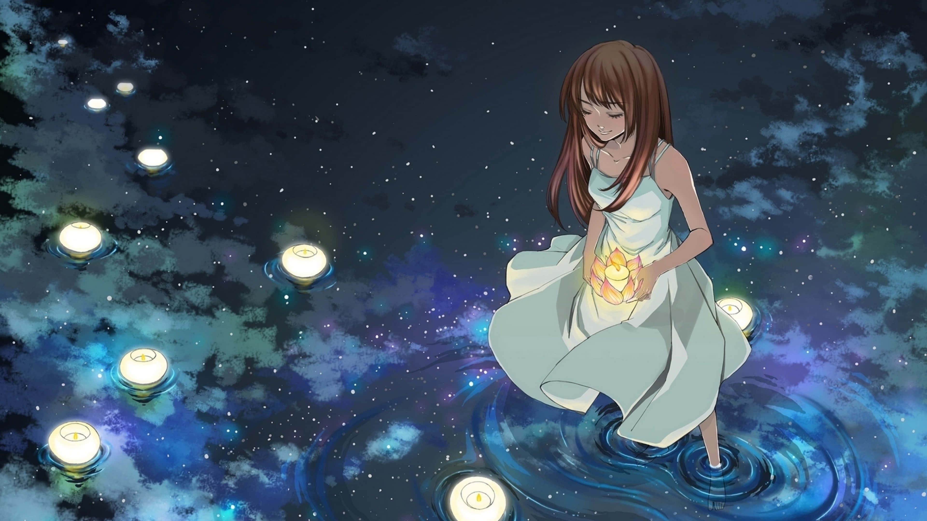 Erased 4K 桌布 壁紙 — 一位穿著白色連衣裙的年輕動漫女孩漂浮在水面上，手持發光的蓮花，周圍環繞著漂浮的蠟燭，背景是繁星點點的夜空。