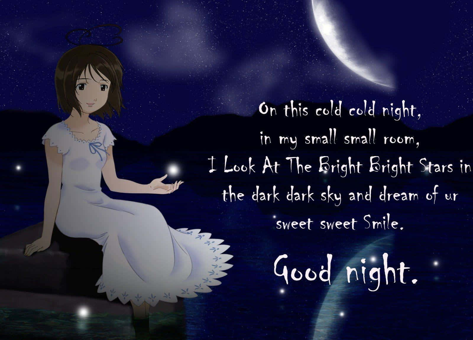 good night animated 桌布 壁紙 — 一位穿著白色連衣裙的年輕動漫女孩坐在水邊，在彎月和星星下，手持發光球體，文字顯示溫柔的晚安訊息。