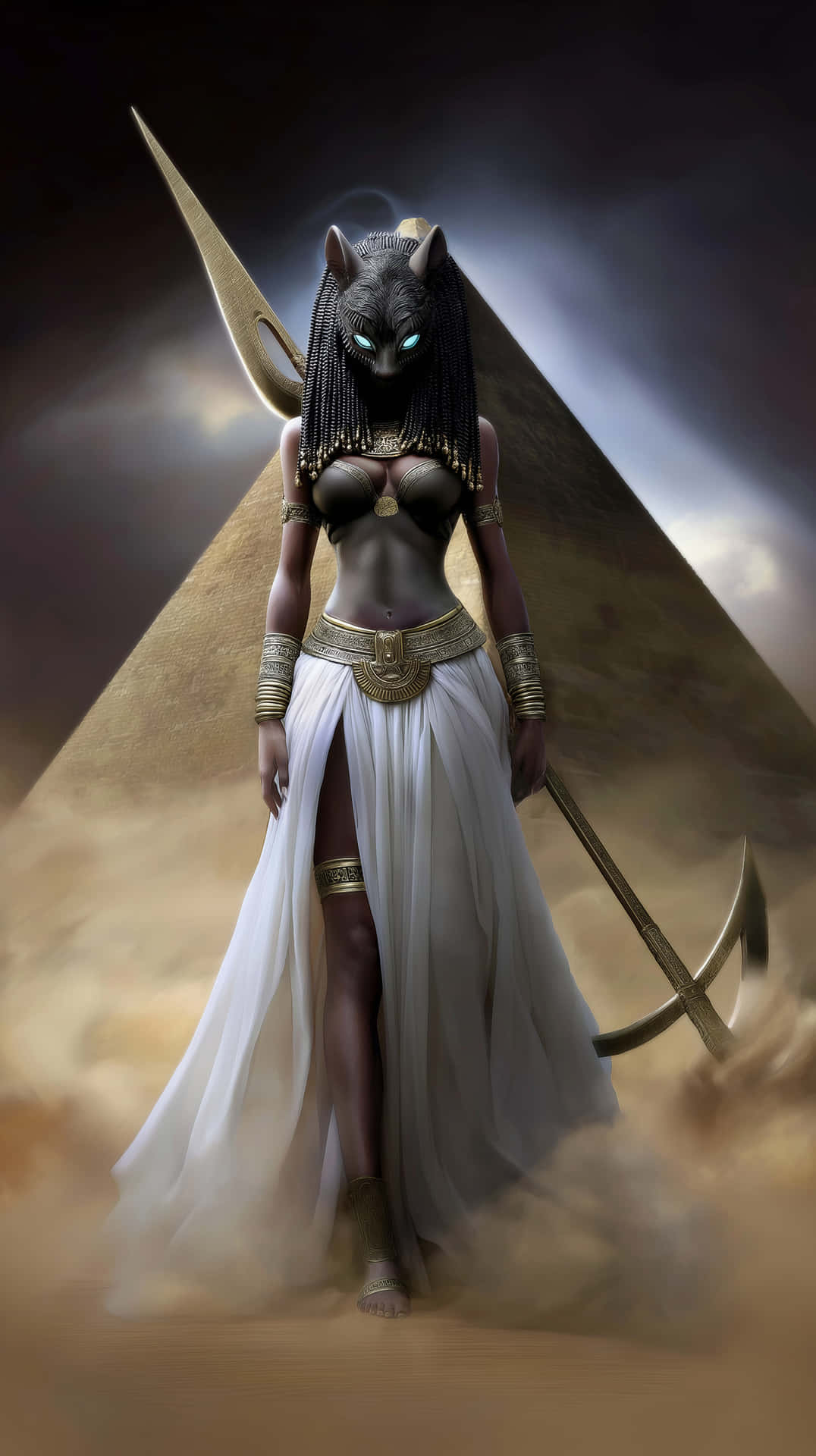 Sekhmet, Egyptian Goddess with Lioness Head and Pyramid 壁紙 — 一位穿著白色長袍、佩戴金色珠寶的貓頭女神站在金字塔前，手持鐮刀，背景是暴風雨的天空。