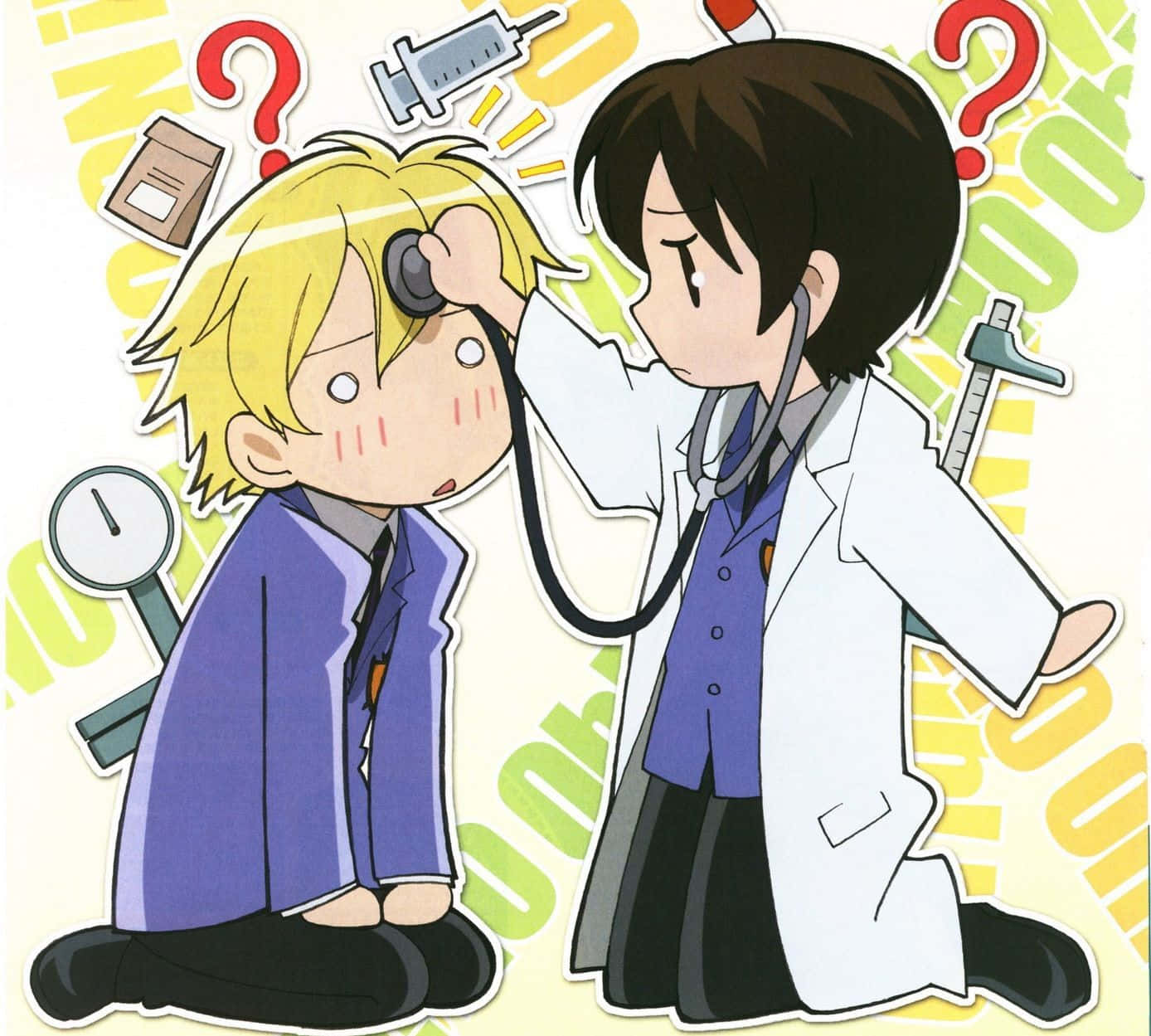 haruhi fujioka 桌布 壁紙 — 一位穿著白袍的Q版動畫醫生用聽診器檢查一位臉紅的金髮病人，周圍環繞著醫療圖標。