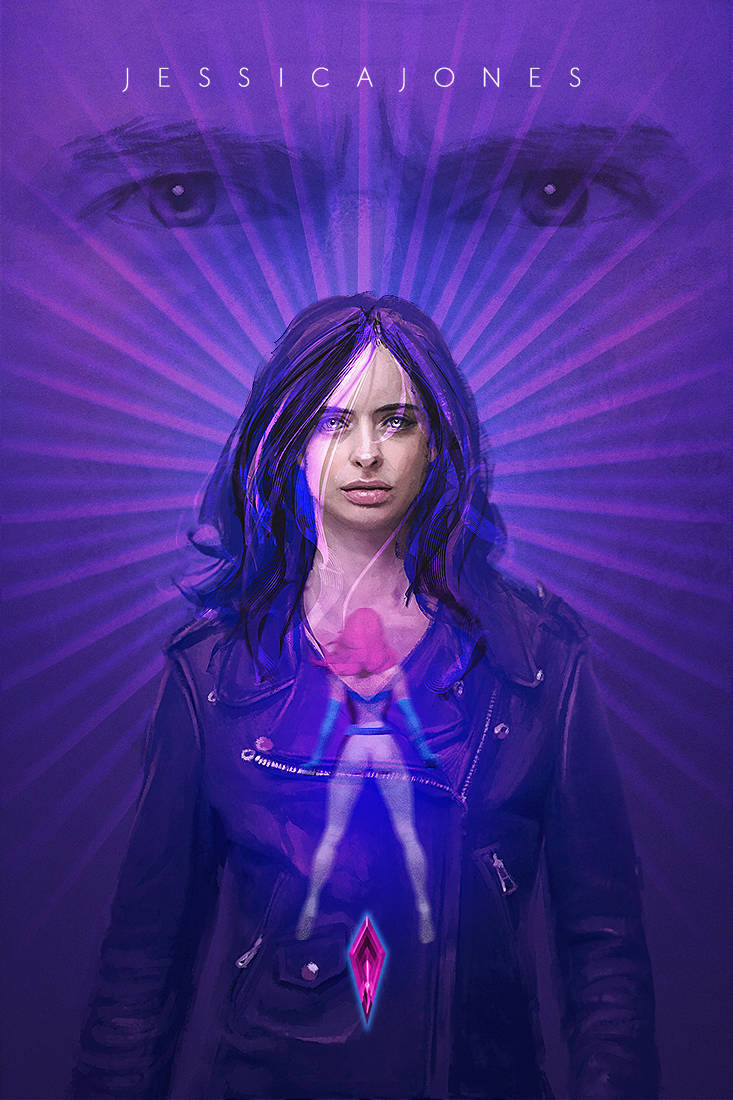 Netflix 桌布 壁紙 — 一位穿著皮夾克的女性站在發光的紫色背景前，眼睛發光，她下方有一個半透明的人影。