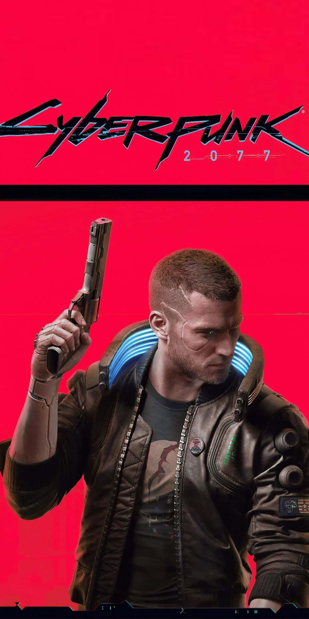 Pixel 3 Cyberpunk 2077 桌布 壁紙 — 一位穿著皮夾克的賽博龐克主角，在鮮紅色背景前手持手槍，帶有發光藍色點綴。