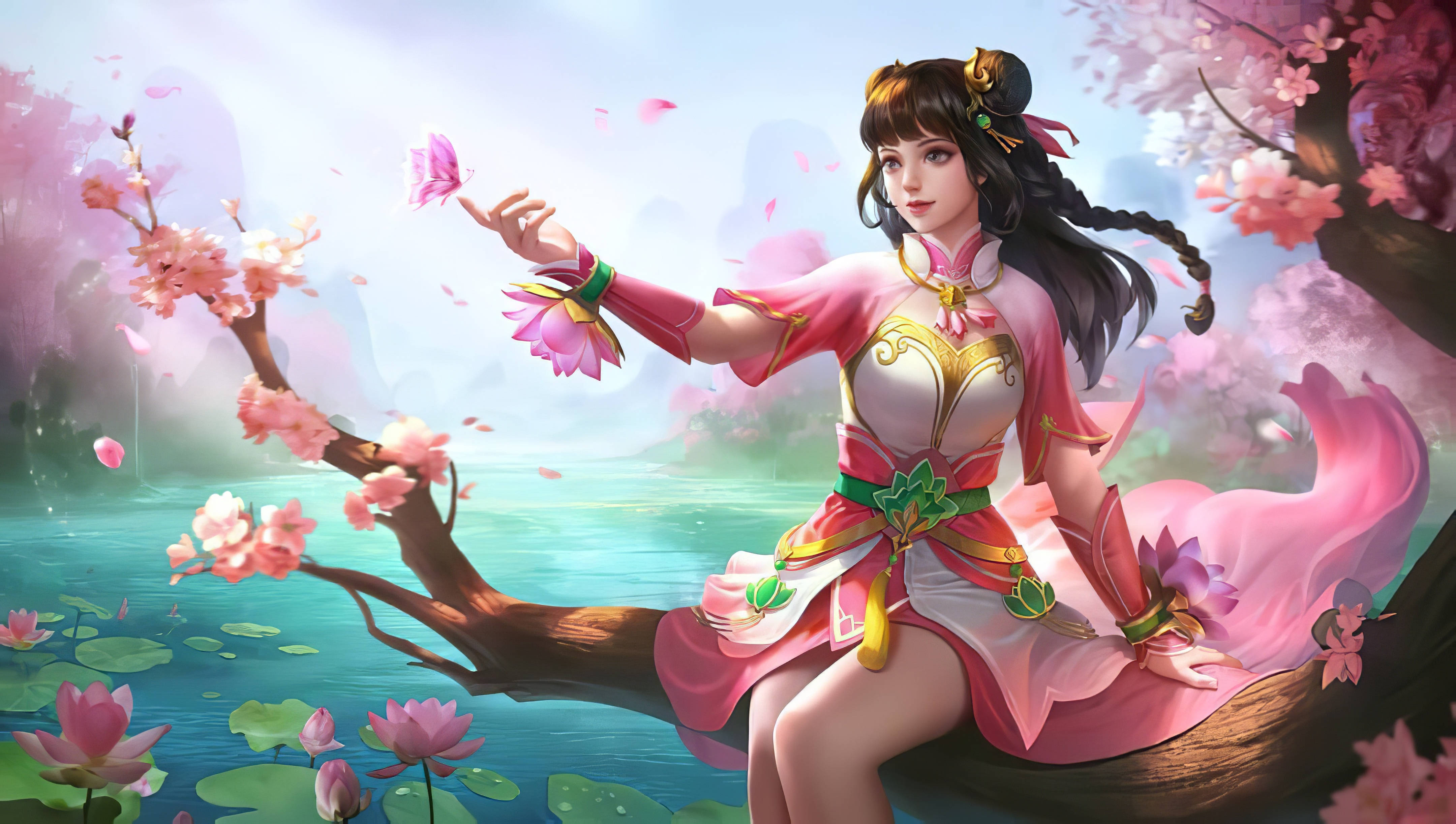 heroes 桌布 壁紙 — 一位穿著粉紅色傳統服飾的優雅動漫女孩坐在蓮花池上的櫻花枝上，輕輕觸摸漂浮的花瓣。