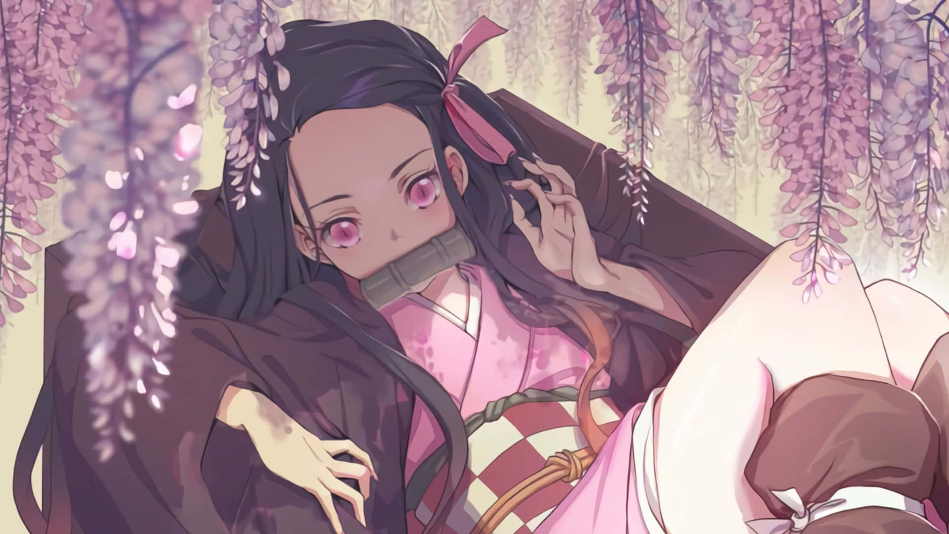 穿著粉紅色和服的動漫女孩在紫藤花下休息 — 鬼滅之刃 4K 壁紙