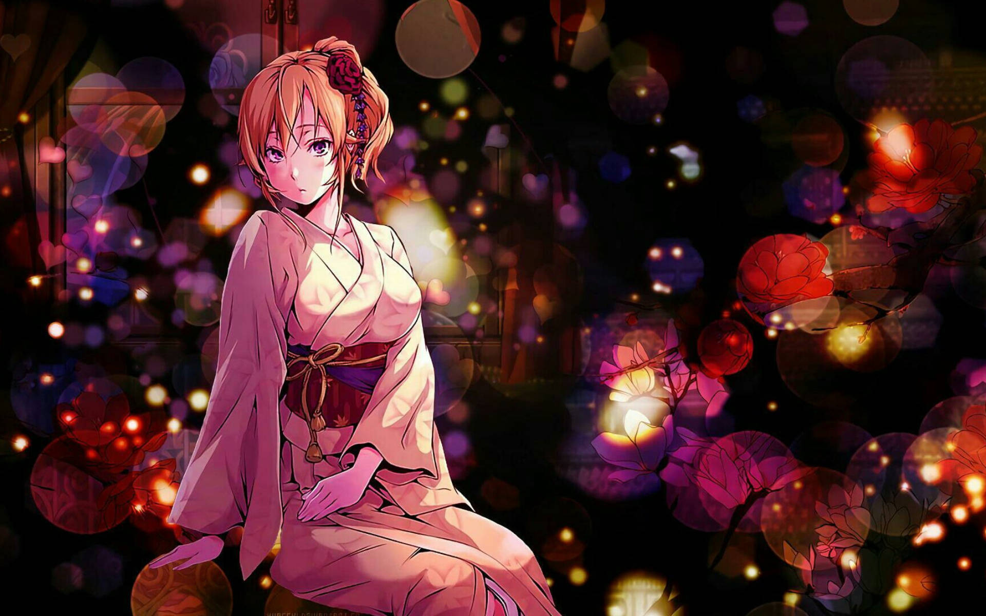 food wars shokugeki no soma 桌布 壁紙 — 一位穿著粉紅色和服的年輕動漫女孩，在節日夜晚場景中，優雅地坐在發光的燈籠和散景燈光之中。