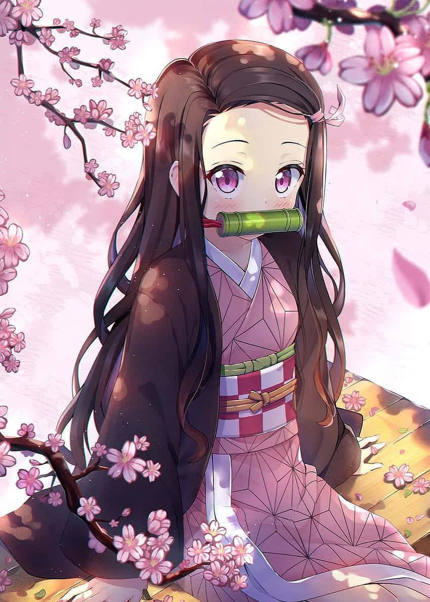 櫻花下穿著粉紅色和服、嘴裡塞著竹製口塞的動漫女孩。 — 禰豆子 GIF 壁紙