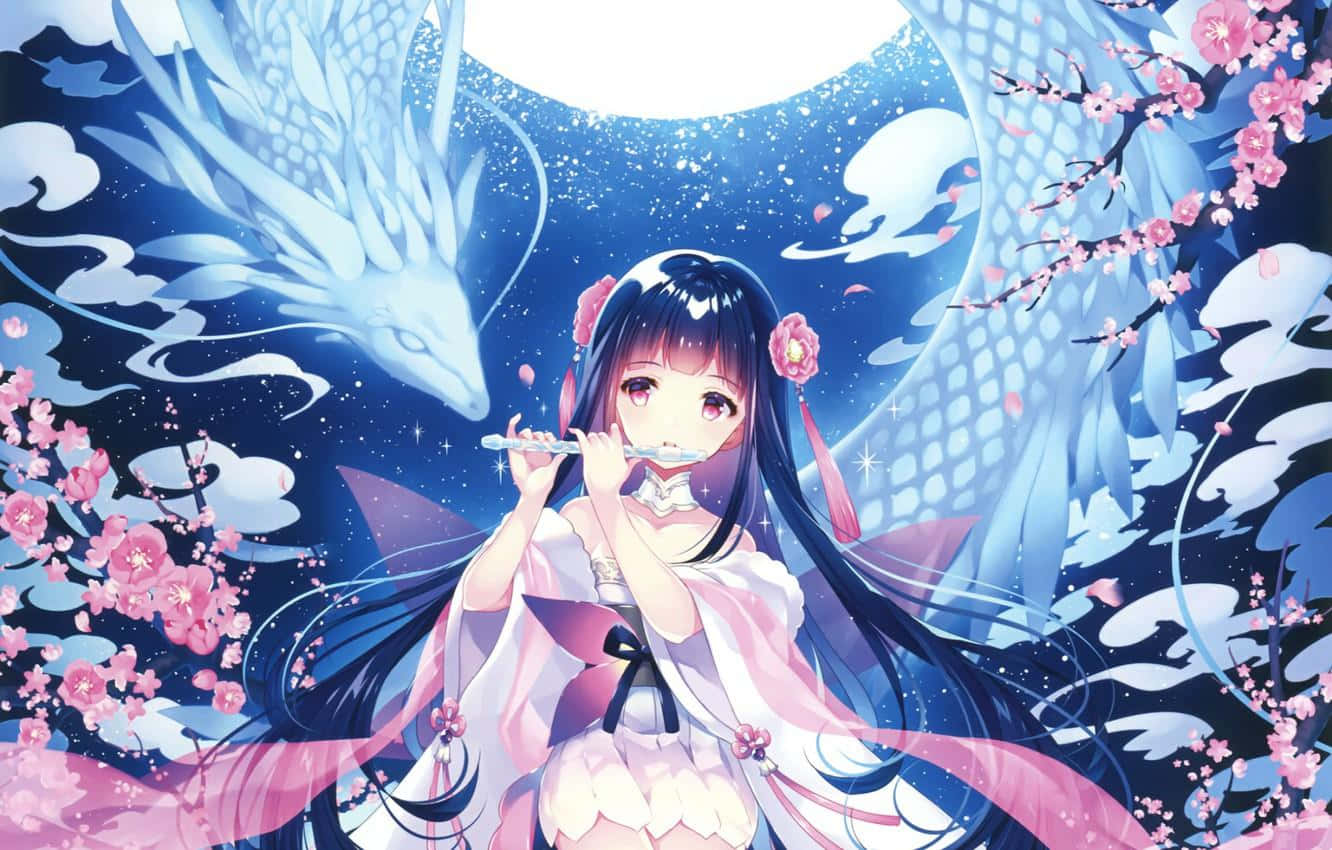 穿著粉紅色和服的動漫女孩在月光下與白龍和櫻花一起吹奏笛子。 — 仙女 GIF 壁紙