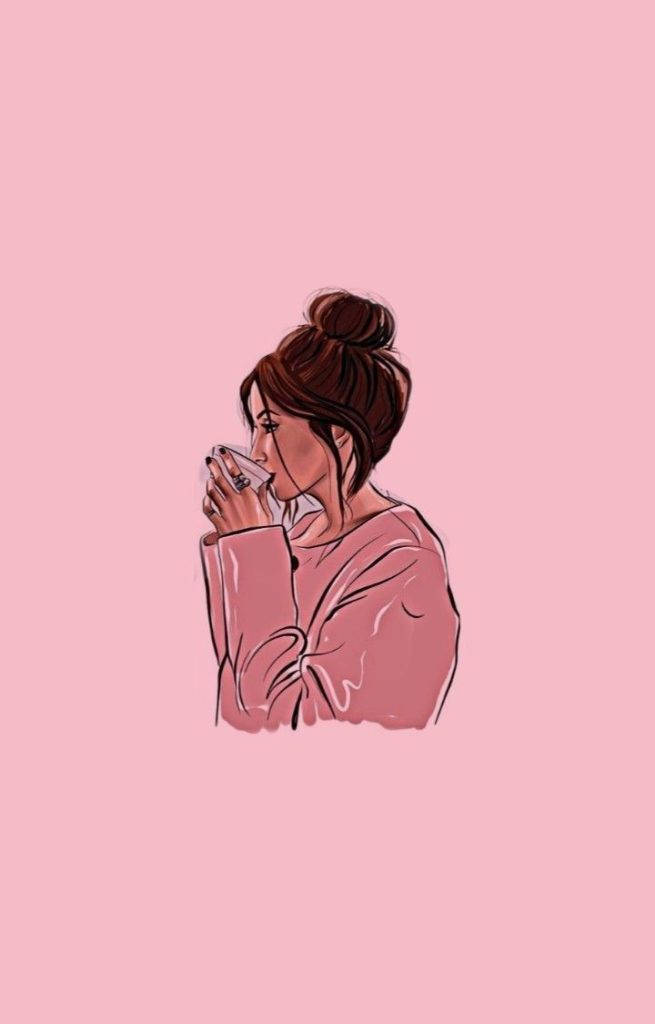 Girly iPhone 桌布 壁紙 — 一位穿著粉紅色毛衣的女性在柔和的粉紅色背景下，以極簡插畫風格從杯子中啜飲。