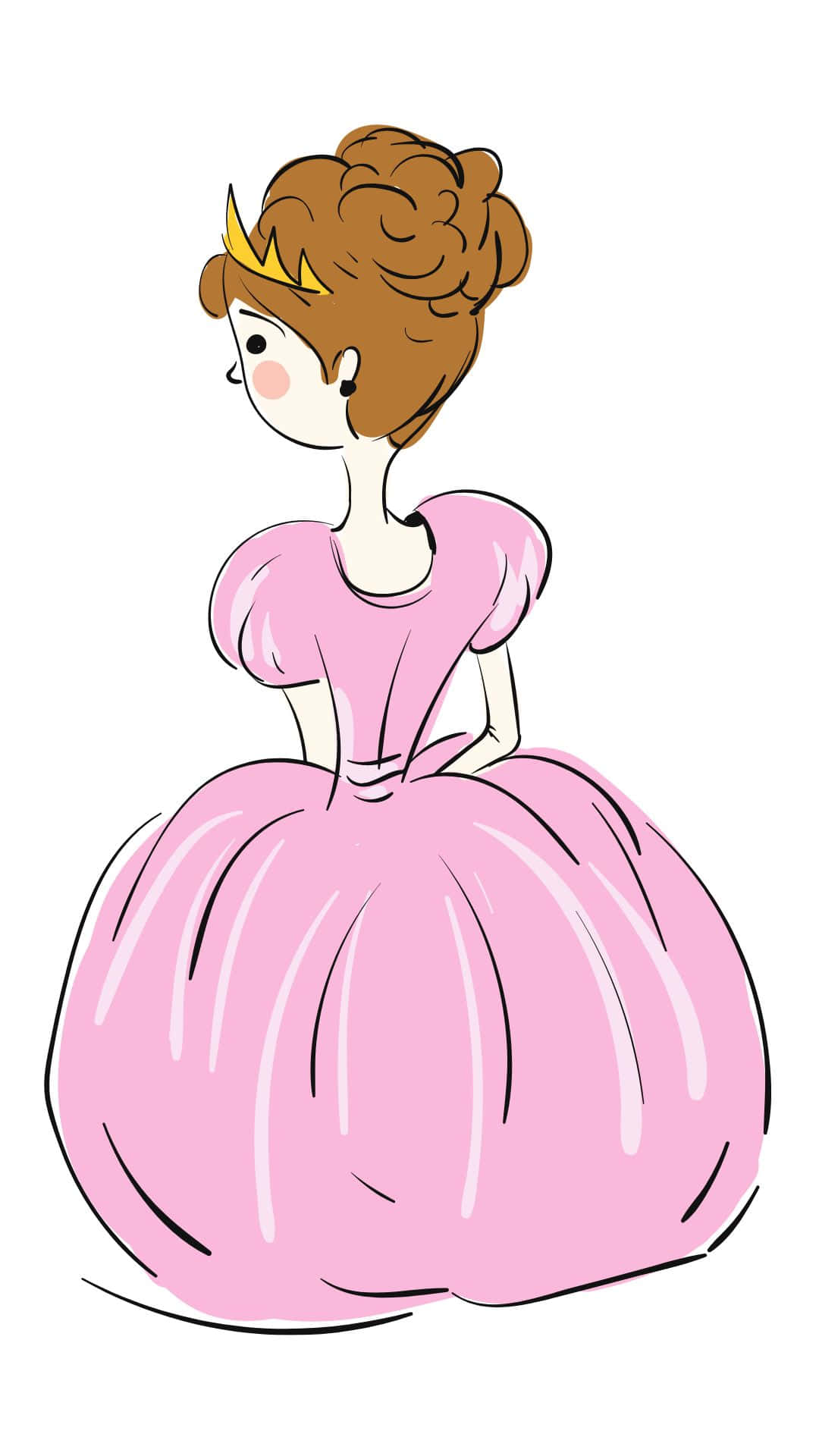 Cute Queen 桌布 壁紙 — 一位穿著粉紅色禮服和皇冠的卡通公主，側面站立在純白色背景前。