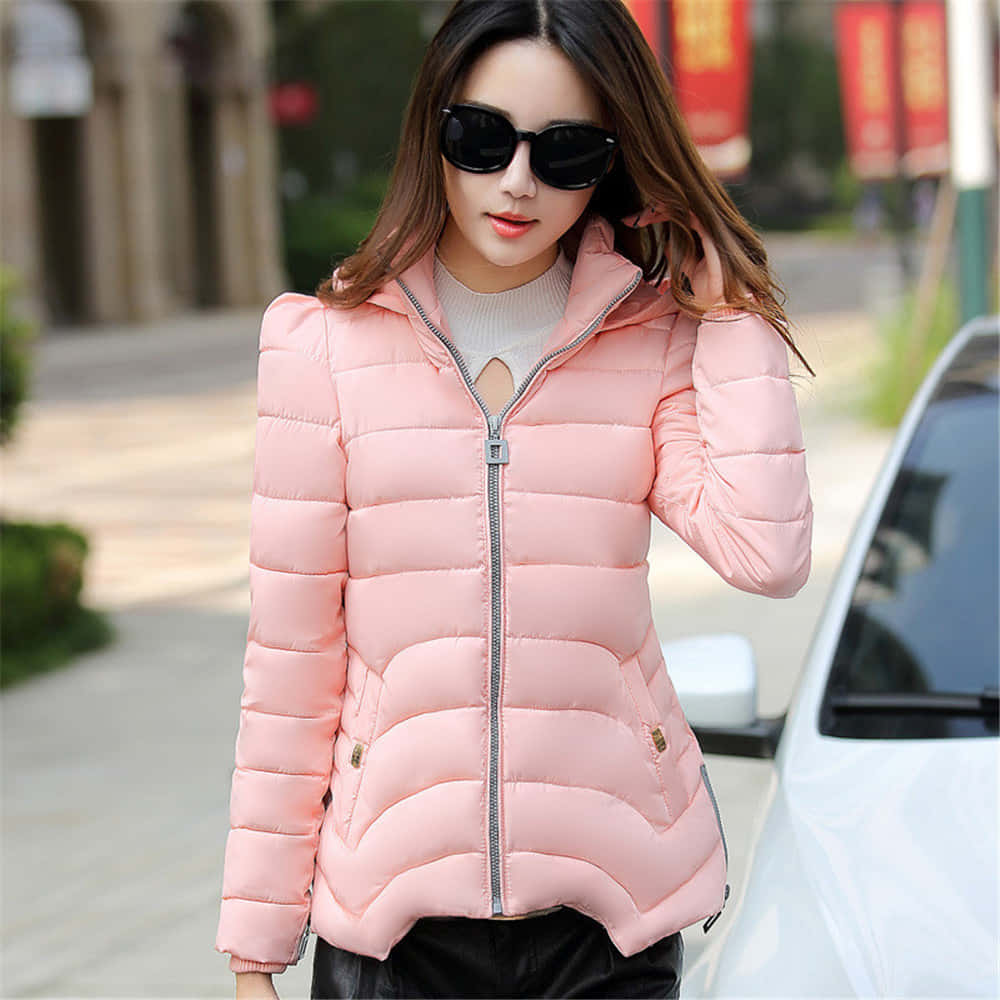 Pink Coat 桌布 壁紙 — 一位穿著粉紅色羽絨外套和太陽眼鏡的女性，站在陽光明媚的城市人行道上，旁邊是一輛白色汽車。