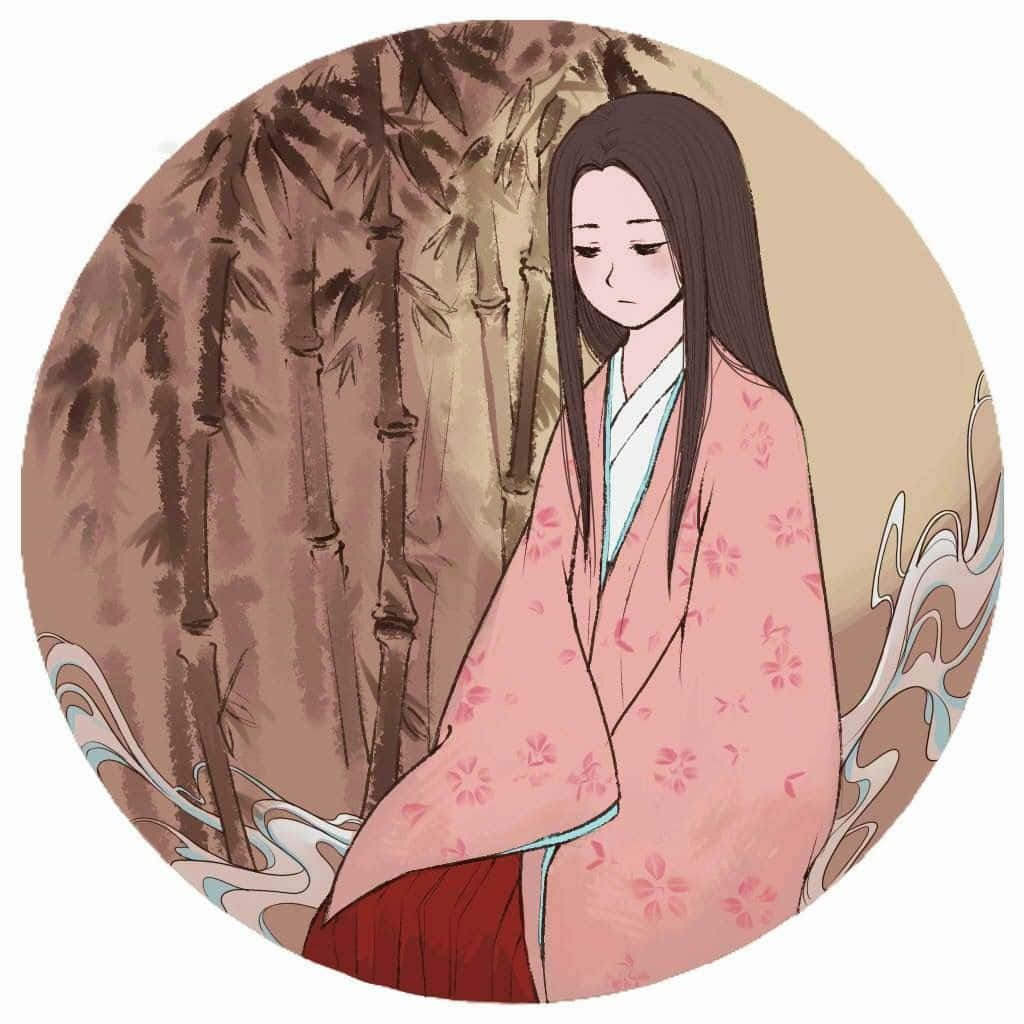 The Tale Of The Princess Kaguya 桌布 壁紙 — 一位穿著粉紅色花卉和服的寧靜動漫女孩坐在竹竿旁，周圍有流動的水紋圖案。