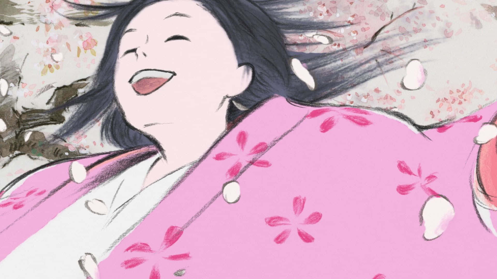 The Tale Of The Princess Kaguya 桌布 壁紙 — 一位穿著粉紅色花卉和服的快樂女性在柔和的水彩風格下，於飄落的櫻花中大笑。
