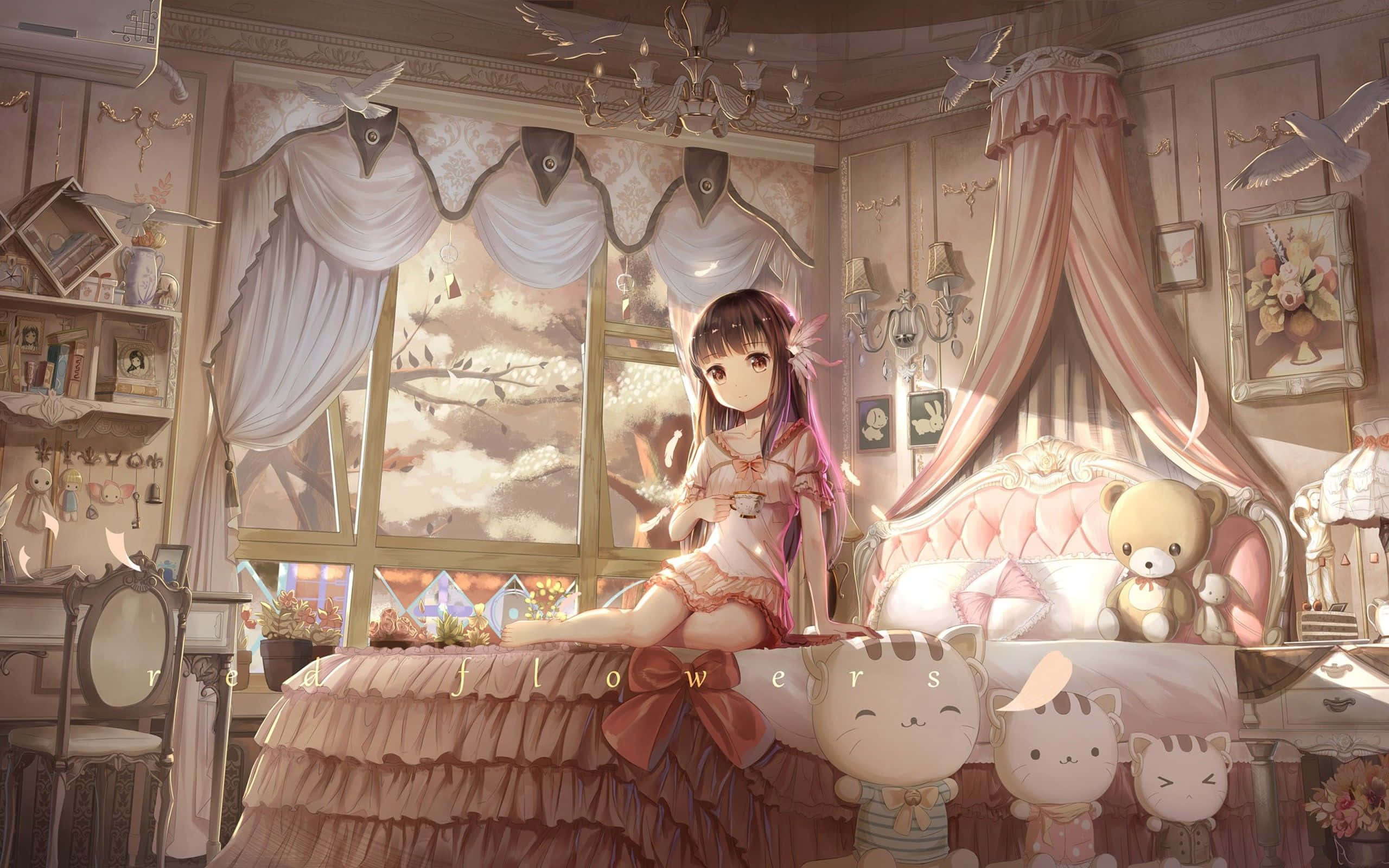 Cute Anime Bedroom 桌布 壁紙 — 一位穿著粉紅色連衣裙的年輕動漫女孩坐在一張帶荷葉邊的床上，房間是維多利亞風格的陽光臥室，配有毛絨玩具和華麗裝飾。
