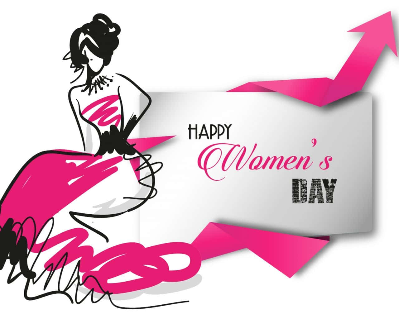 Woman 桌布 壁紙 — 一位穿著粉紅色連衣裙的風格化女性站在寫有「Happy Women's Day」的慶祝橫幅旁邊，並有一個粉紅色的向上箭頭。