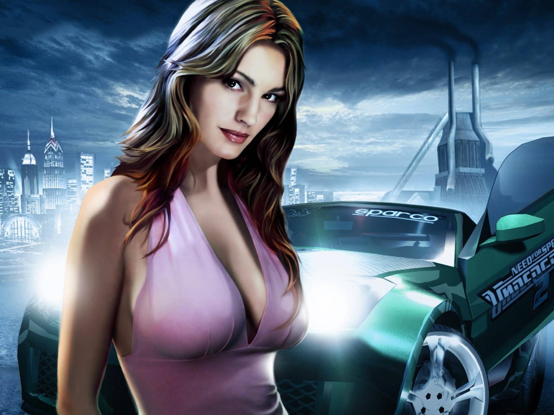 Need For Speed 桌布 壁紙 — 一位穿著粉紅色連衣裙的魅力女性站在一輛綠色賽車旁，背景是城市天際線和煙囪，天空風起雲湧。