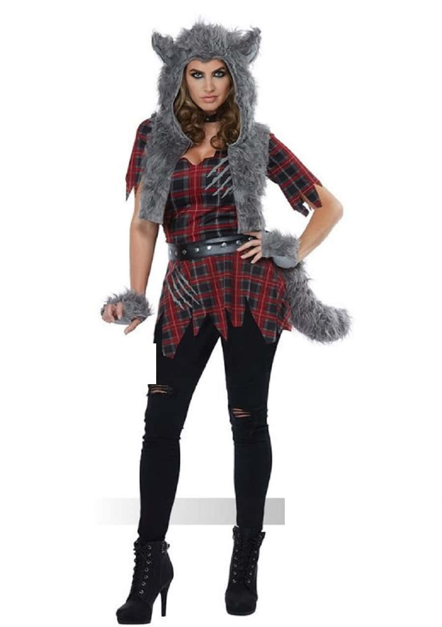 Werewolf Costumes 桌布 壁紙 — 一位穿著精緻狼人服裝的女性，配有灰色毛皮兜帽、尾巴和紅色格紋上衣上的爪痕，在白色背景前自信地擺姿勢。
