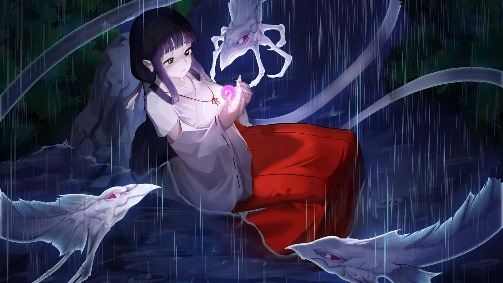 Kikyo 桌布 壁紙 — 一位穿著紅白和服的年輕動漫女孩坐在雨中，周圍環繞著眼睛發光的幽靈白狐靈。