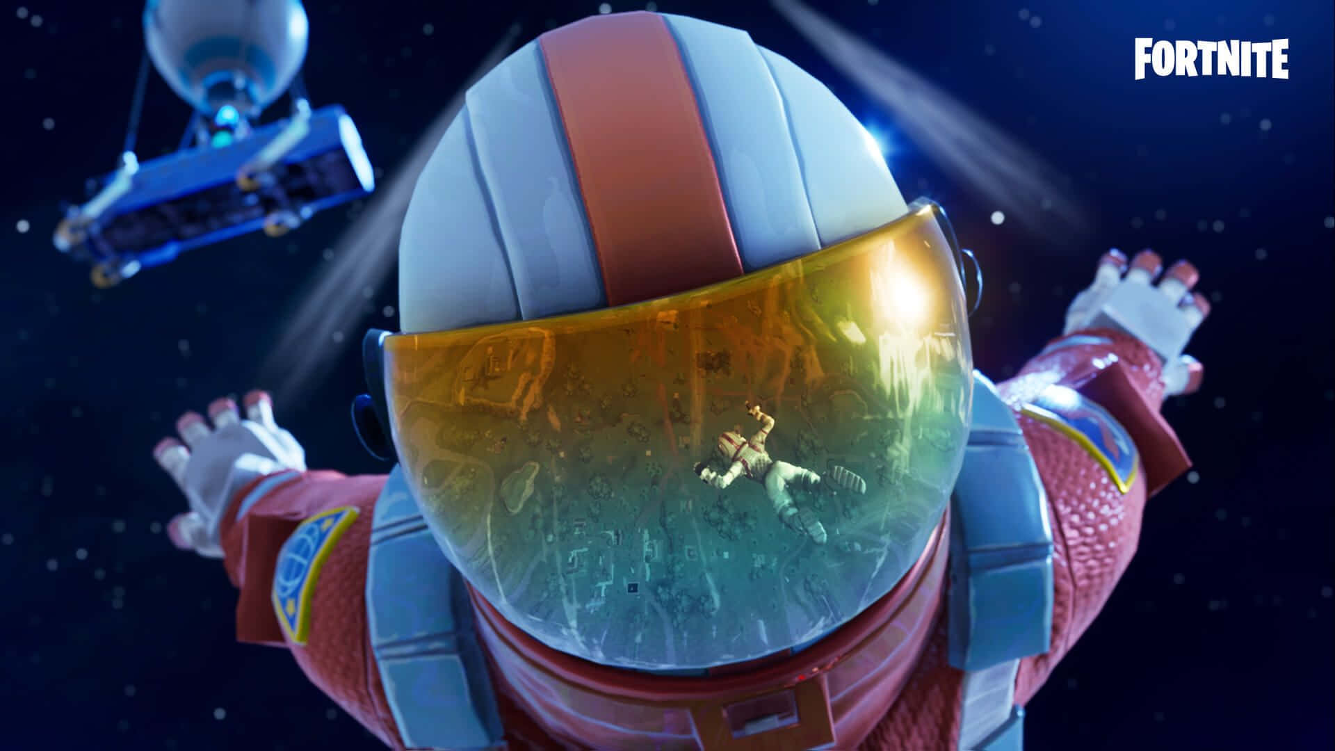 PC 遊戲 桌布 壁紙 — 一位穿著紅白太空衣的Fortnite太空人，在星空背景下張開雙臂漂浮在太空中。