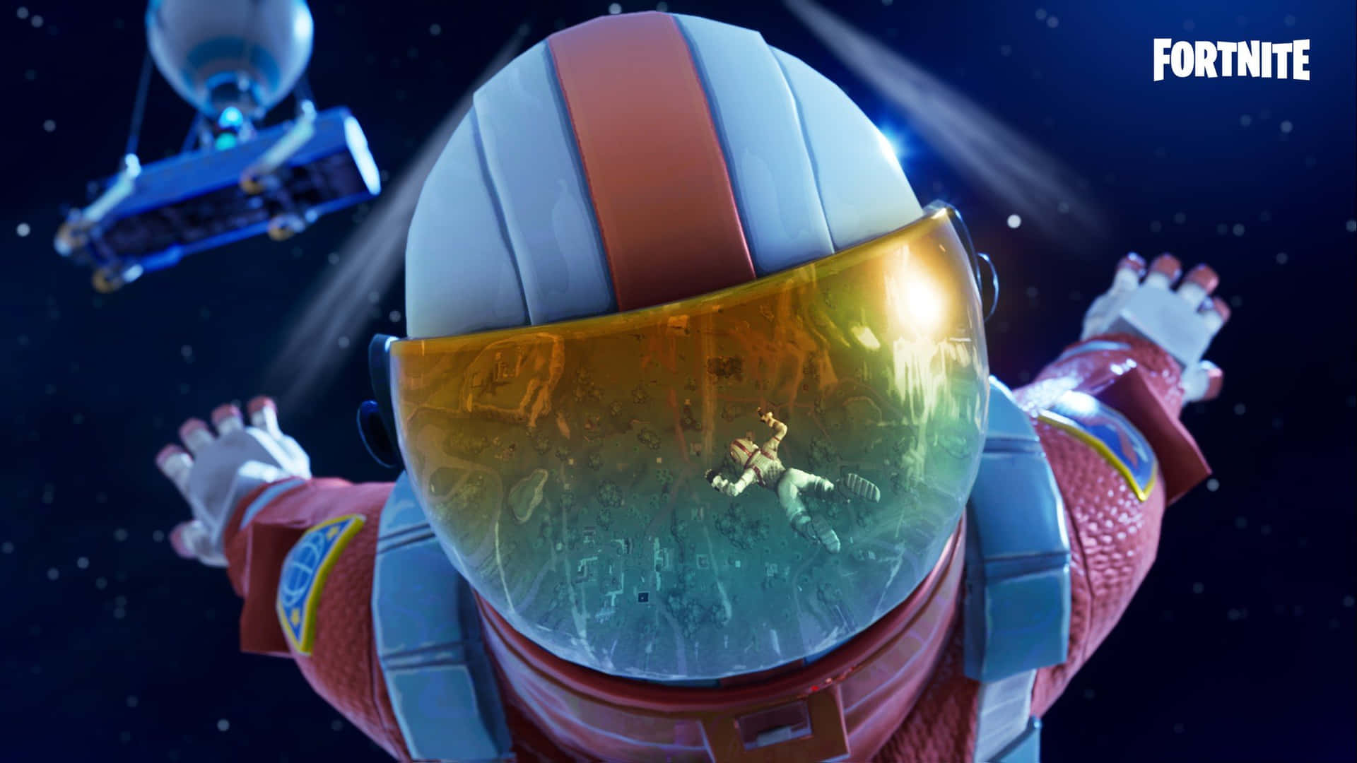 Battle Pass 桌布 壁紙 — 一位穿著紅白太空衣的Fortnite太空人，在星空背景下張開雙臂漂浮在太空中。