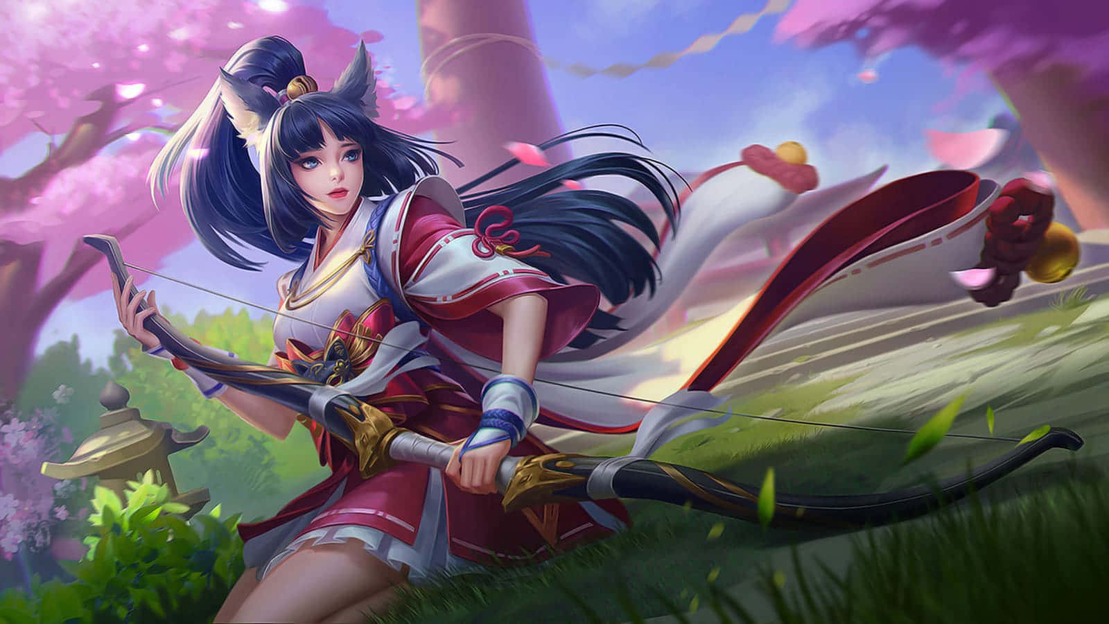 Mobile Legends 動態圖 桌布 壁紙 — 一位穿著紅白盔甲、擁有狐狸耳朵的弓箭手，在花瓣飄落的盛開櫻花樹下拉弓。