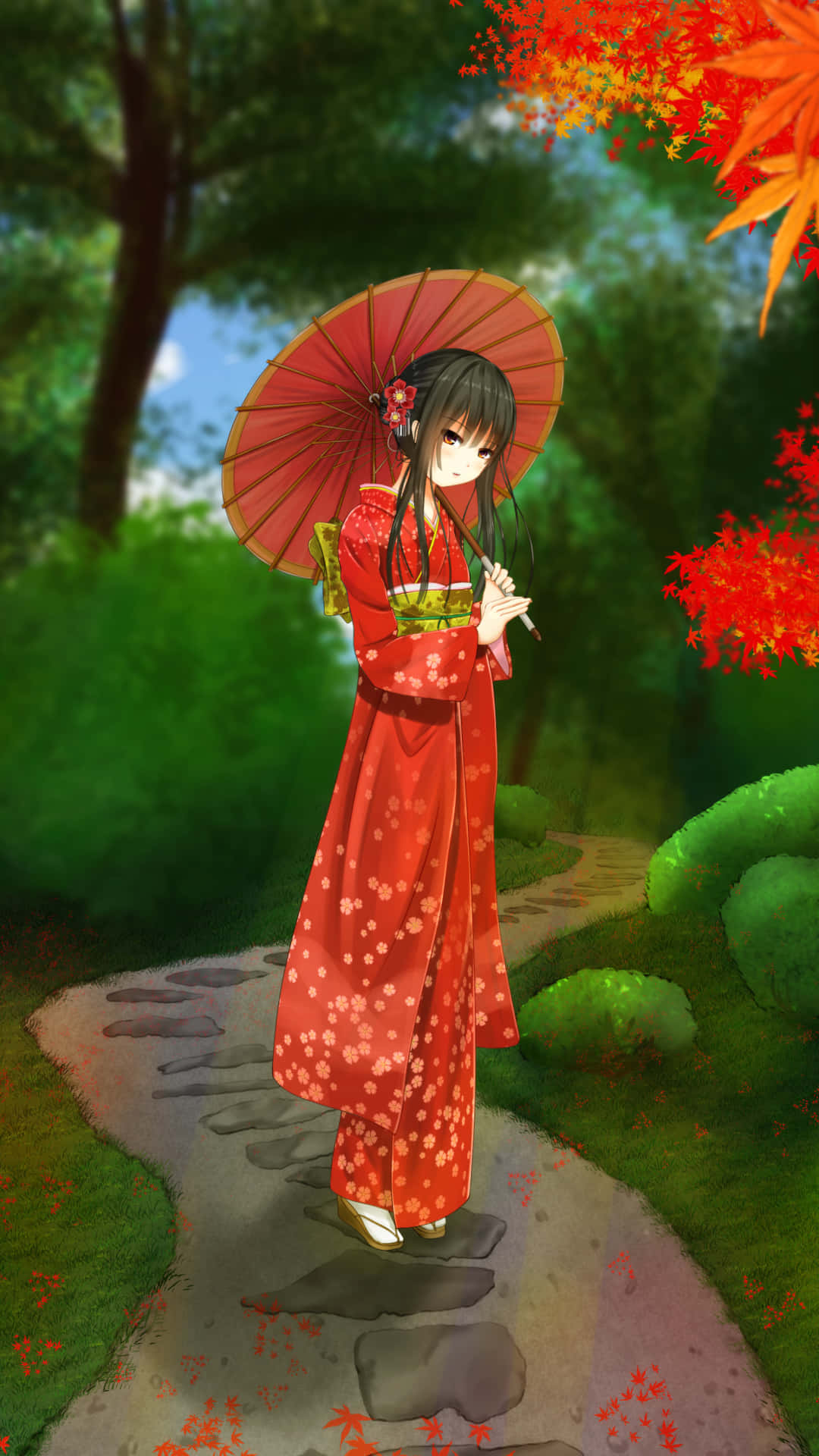 Umbrella 桌布 壁紙 — 一位穿著紅色和服、帶有櫻花的年輕動漫女孩，在色彩繽紛的秋樹下沿著石徑行走。