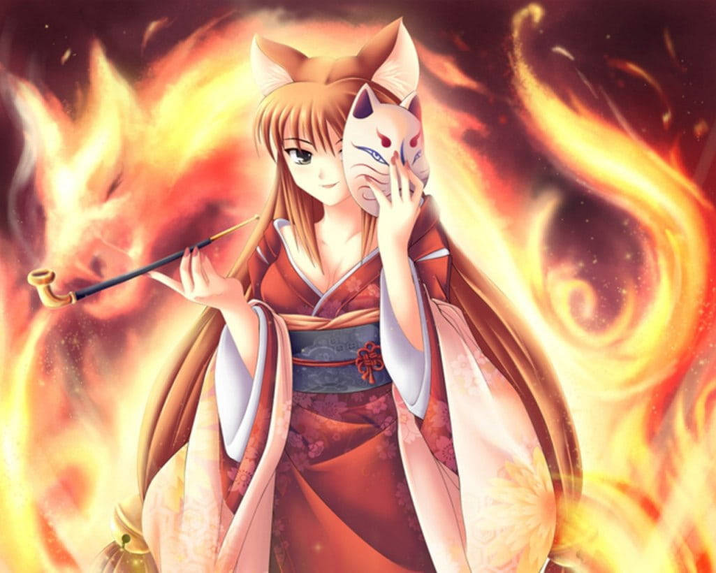 Fire Anime 桌布 壁紙 — 一位穿著紅色和服的狐仙少女，在旋轉的火熱背景下手持面具和煙斗。