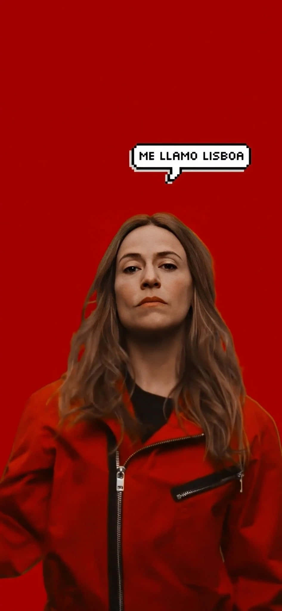 Money Heist Mask 桌布 壁紙 — 一位穿著紅色外套的女性站在純紅色背景前，有一個像素化的對話框寫著「ME LLAMO LISBOA」。