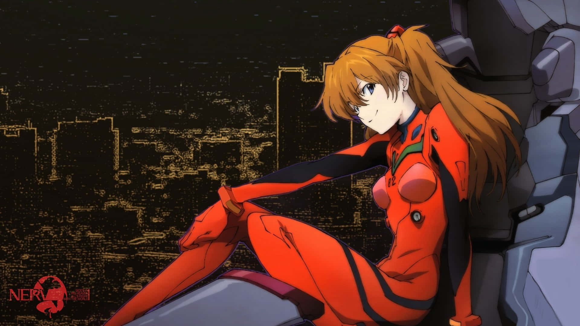 Asuka Langley Soryu 桌布 壁紙 — 一位穿著紅色插頭服的年輕動漫女孩，在夜晚靠著巨大的機甲，背景是發光的城市天際線。