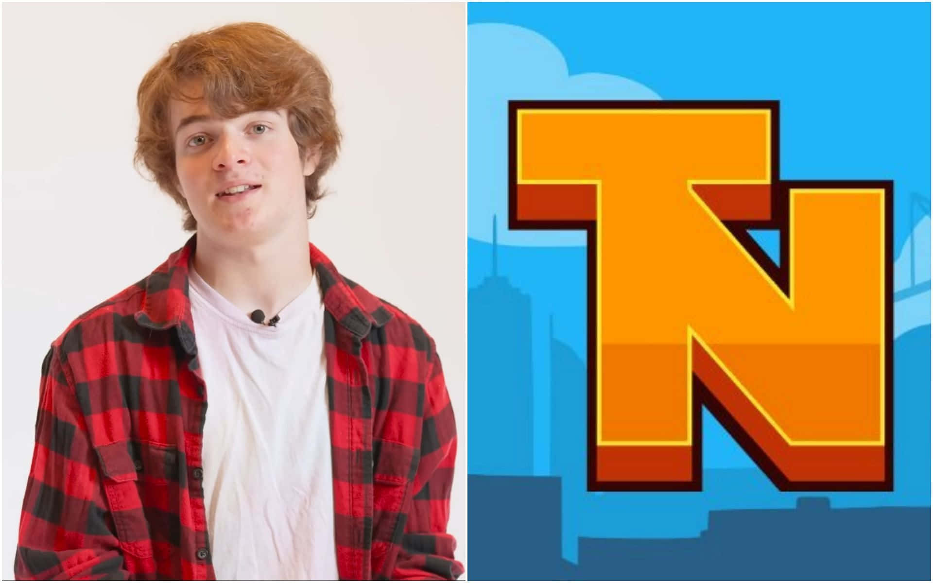 Minecraft Twitch Streamers 桌布 壁紙 — 一位穿著紅色格子襯衫的年輕男子，站在一個大膽卡通風格的橙色「N」標誌旁邊，背景是藍色城市天際線。