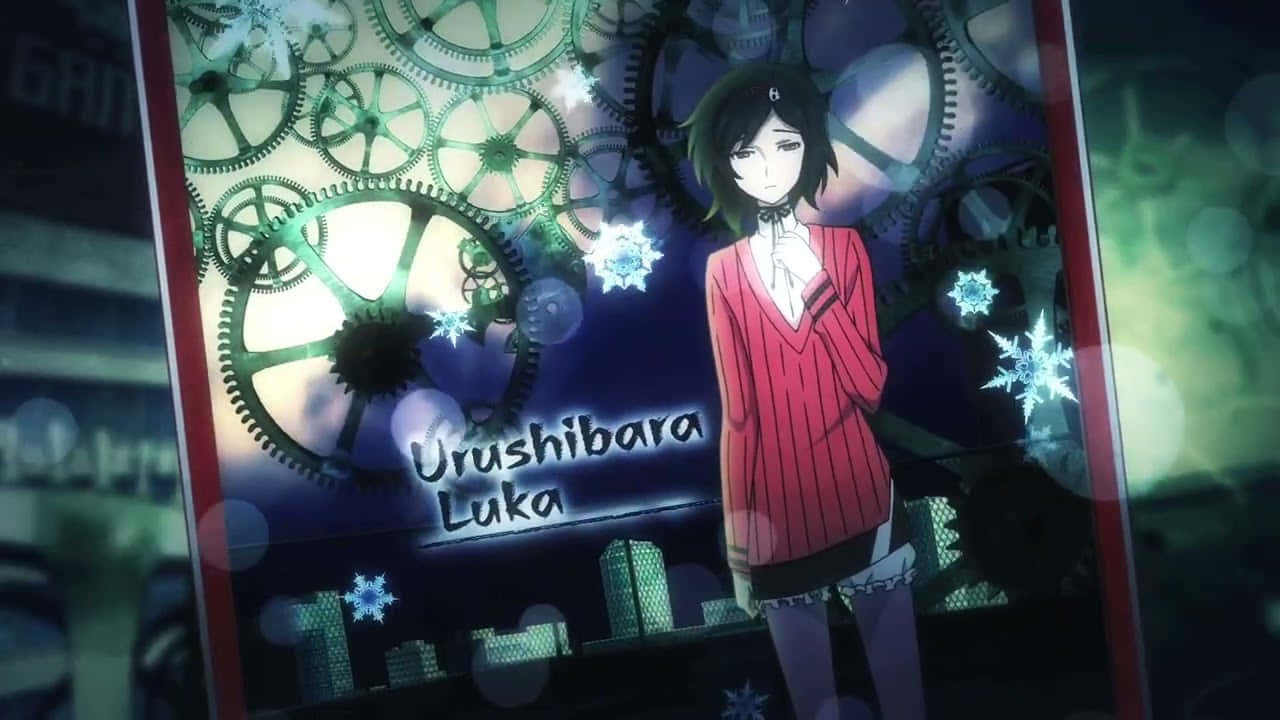 Luka Urushibara 桌布 壁紙 — 一位穿著紅色毛衣的年輕動漫女孩站在發光的綠色齒輪和雪花前，背景是城市天際線。