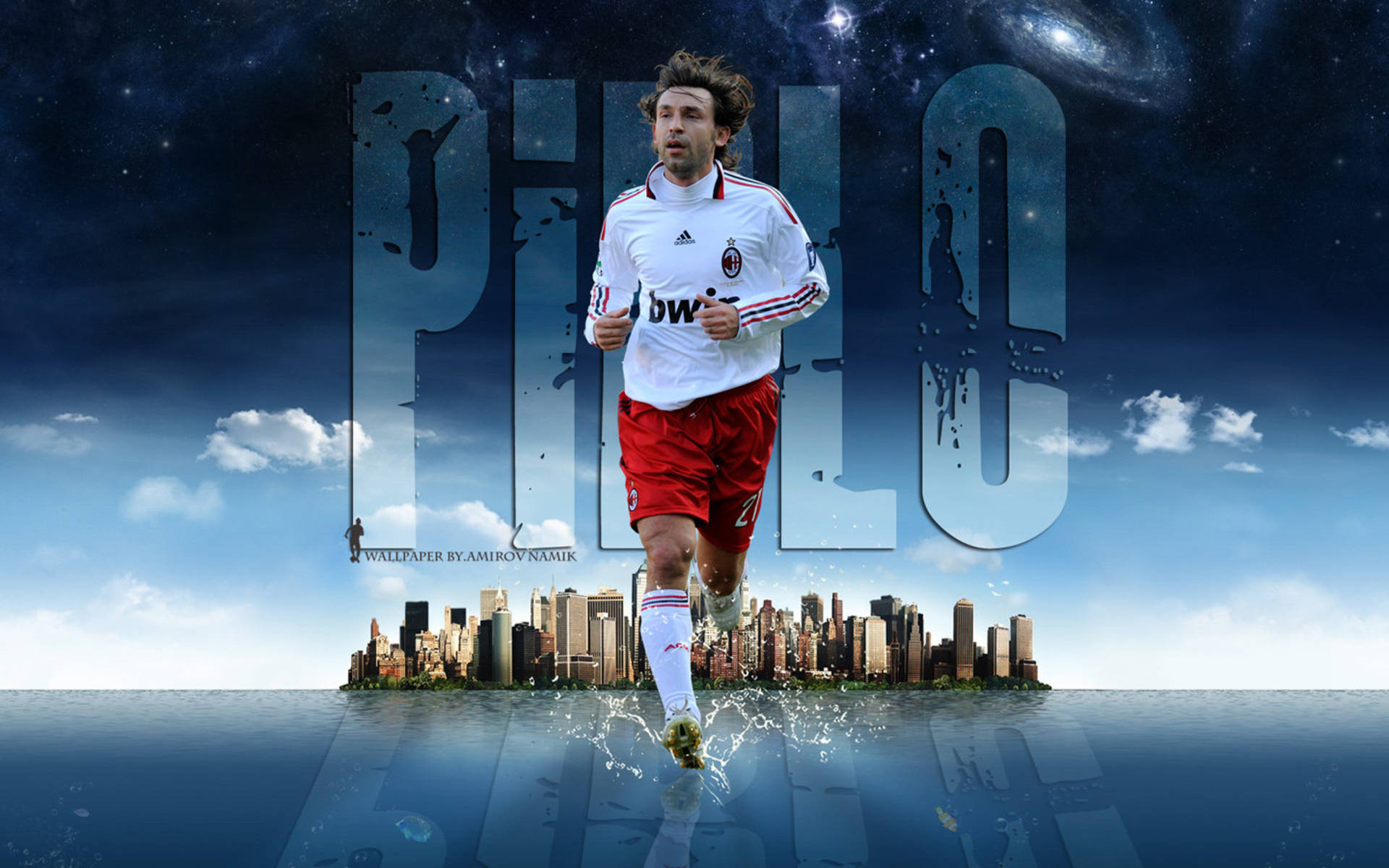 andrea pirlo 桌布 壁紙 — 一位穿著紅色短褲的足球員在水中奔跑，腳下漂浮著城市景觀，背景是星空。
